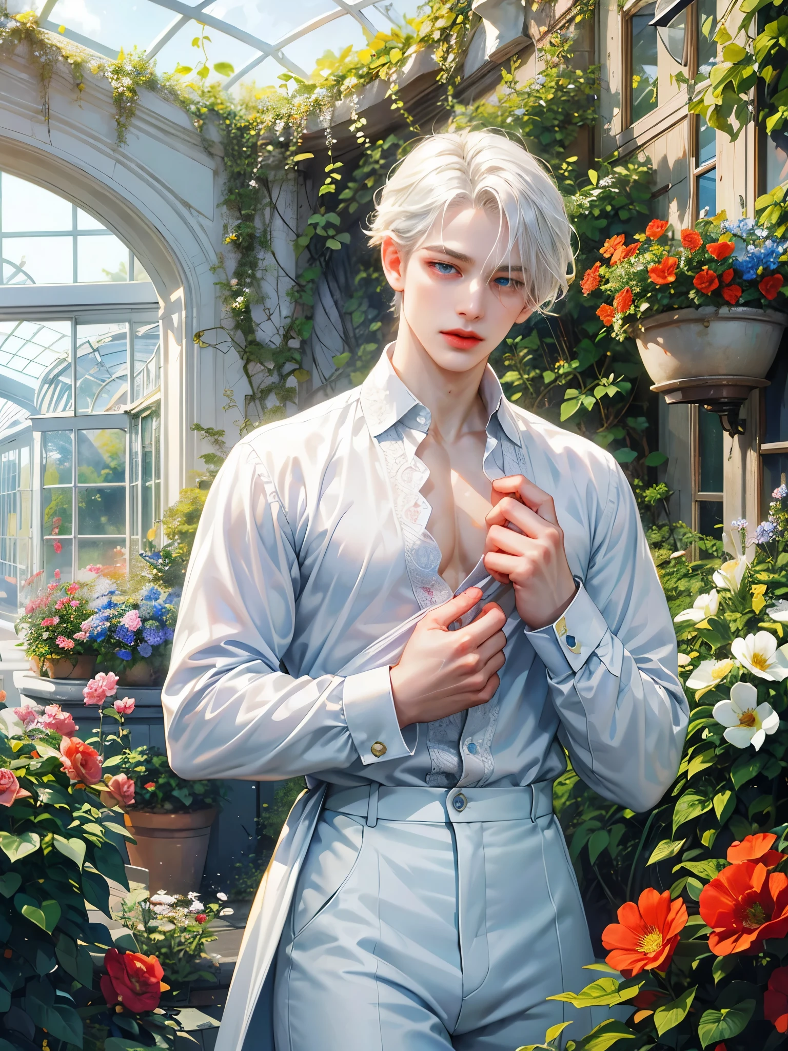 Masterpiece, better quality, HDR, perfect illustration, perfectionist anatomy, dynamic light, a man, wavy white hair, blue eyes, wearing an antique white shirt, delicate face, red lips, milky skin, coquette boy, greenhouse background of a flower garden, dynamic lighting, focus on the face