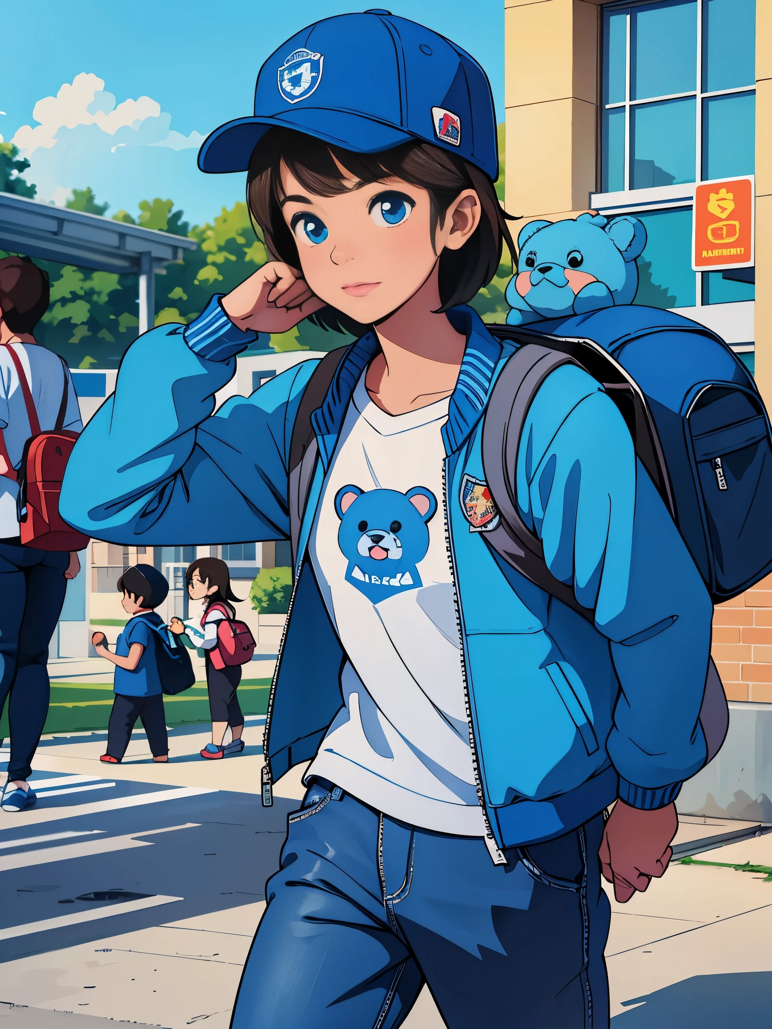 mascot,blue bear,with school unifrom,go to school,cute,with hat,with jacket,cool,carry bag