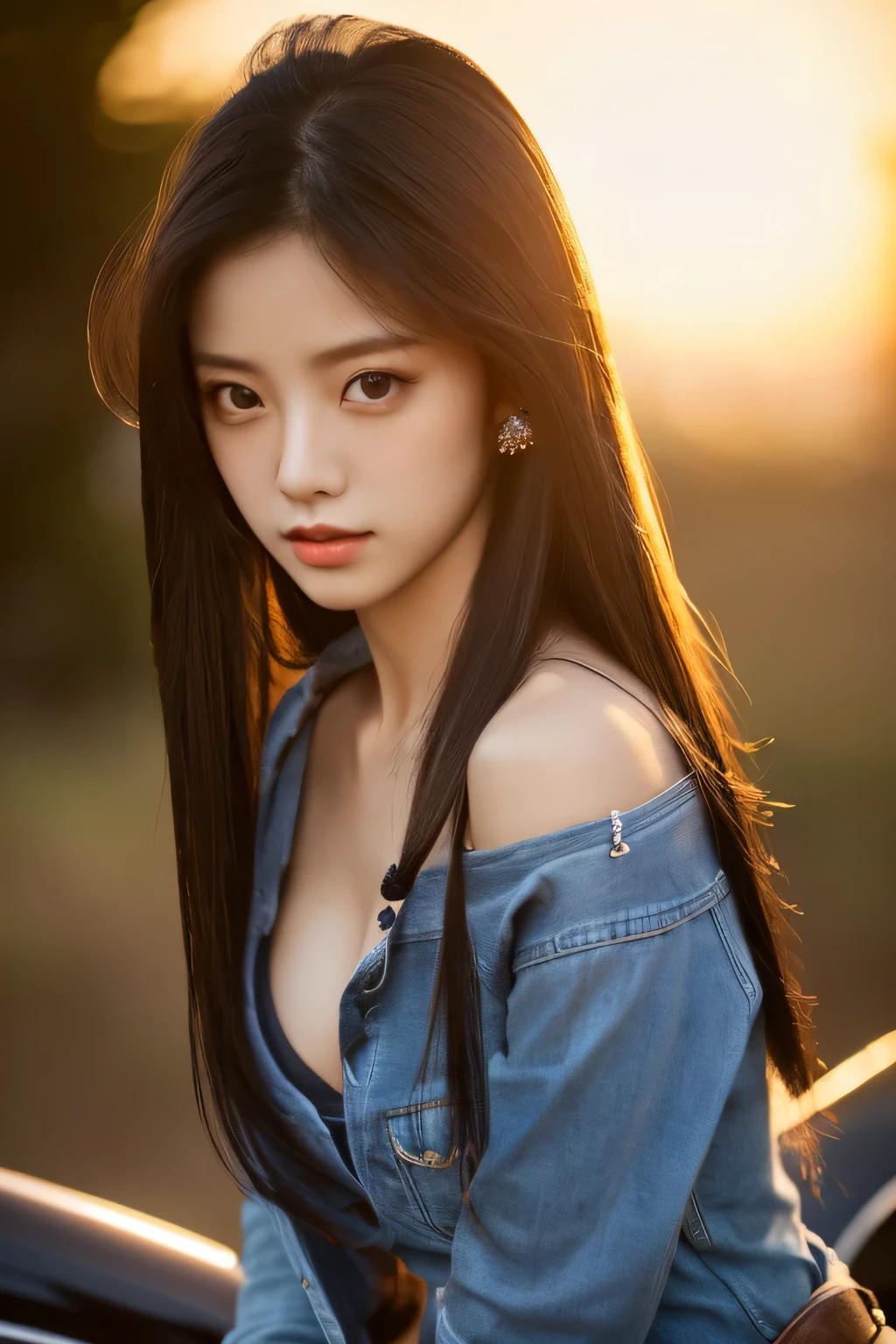 high heels、full body shot、sunset、evening、korean idol、cinematic pictures、professional lighting、dark shadow、((: 1.4)), (((highest quality, 8K, masterpiece: 1.3)), 1 girl, Beauty with extreme beauty, ultimate beauty, erotic, Beauty that emphasizes slim abdominal muscles: 1.3, (casual hairstyle, super big: 1.2), Fashionable and revealing clothing: 1.2, interior, super detailed face, delicate eyes, double eyelid, soft chest, sexy look, exposed cleavage, from below, Cowgirl, (covered:1.2)、Came, camera&#39;gaze of