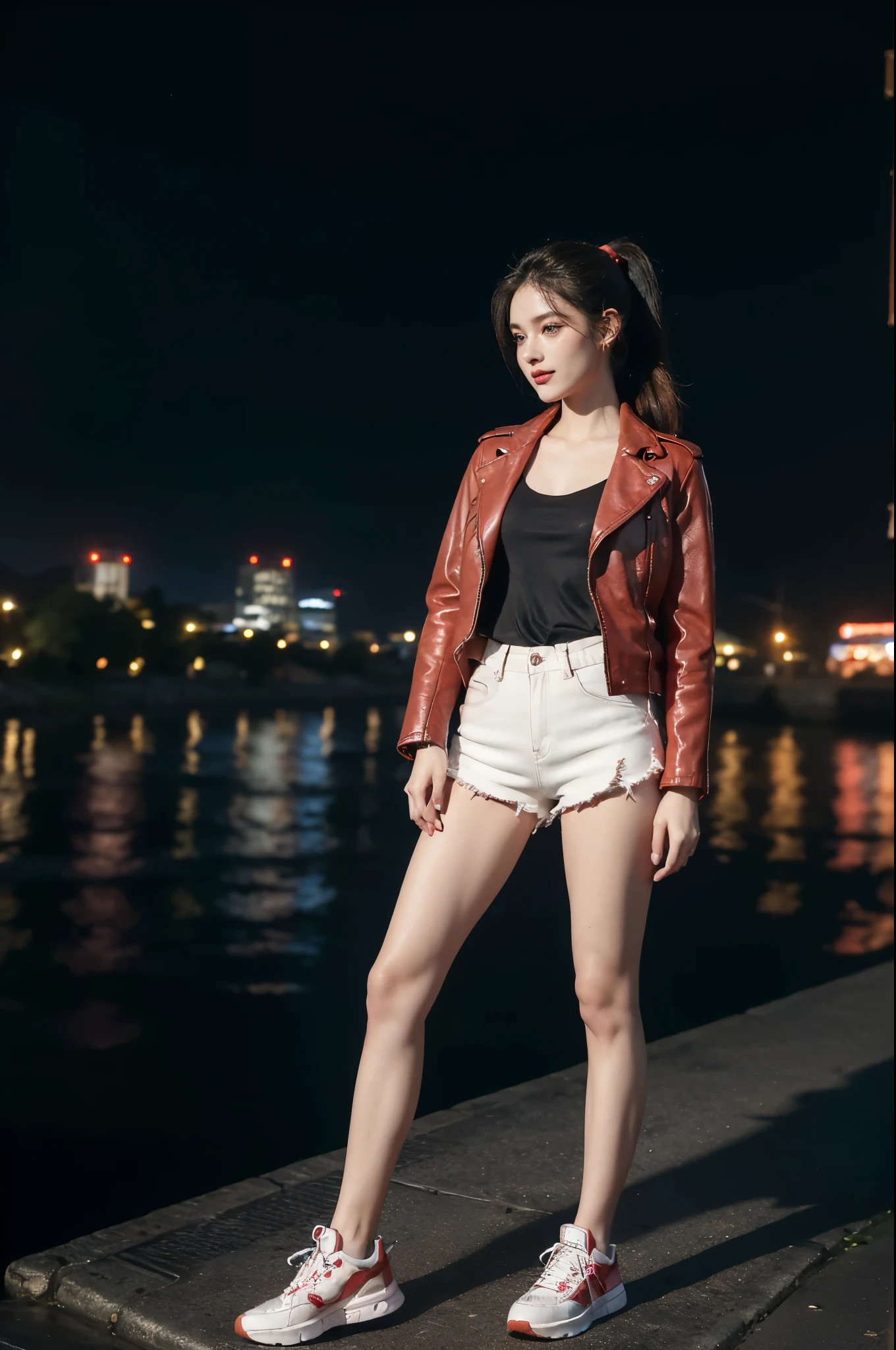 ((((8k))),((Extremely meticulous CG)) ,(wallpaper),16k,((Extremely refined and beautiful)),(((Masterpiece))),(((best qualtiy))),(((Ultra High Resolution))),beautiful light up,Perfect lightning,realistic shaded,[A high resolution],(Smooth and flawless fair skin:1.5),(pale skin:1.3),Extremely exquisite facial details,(perfect body:1.1),ultra-detailed,A beautiful girl,solo,small head,(short ponytail:1.1),(detailed eyes:1.2),small face,Exquisite makeup,(small breasts:1.1),flat chests,slim,thin,(laughing:1.2),(red leather jacket:1.3),(short denim pants:1.2),(sneakers:1.2),(night scene:1.5),outoor,(In mountainous cities:1.5),(tall buildings:1.1),(Colorful neon lights:1.2),(By the river:1.5),(ships on the river surface:1.1),(detailed background:1.5),(arms behind back:1.3),(standing:1.3),(full:1.5),(from front:1.3),
