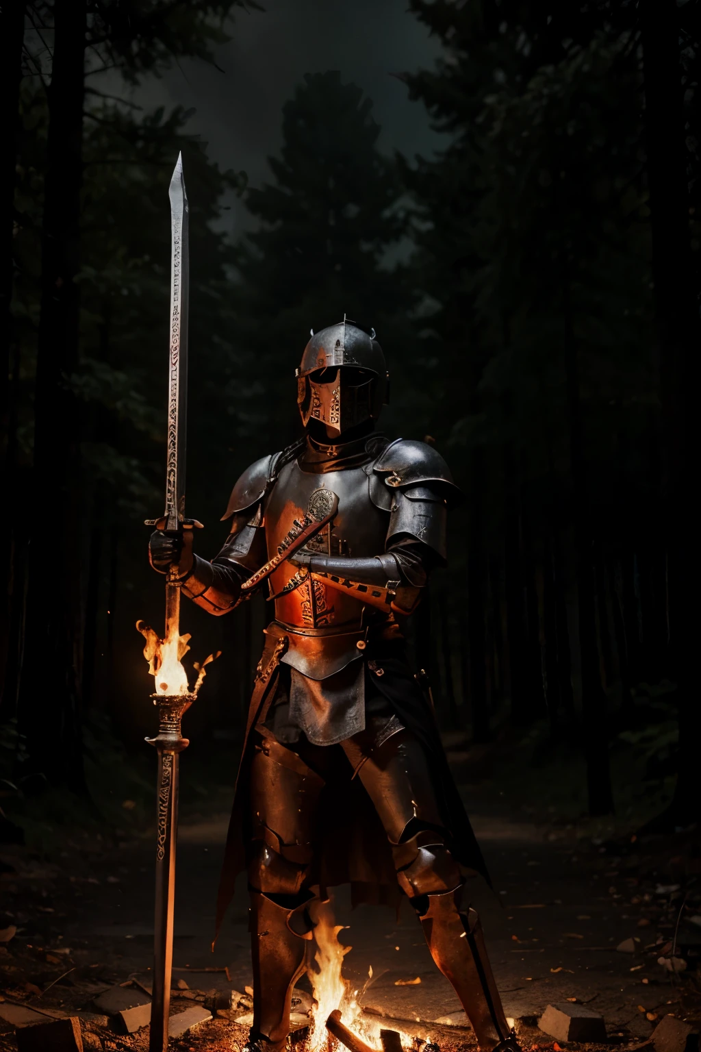 A knight in black armor with a sword on fire, against the background of a forest in red fire, skeletons lie next to the knight