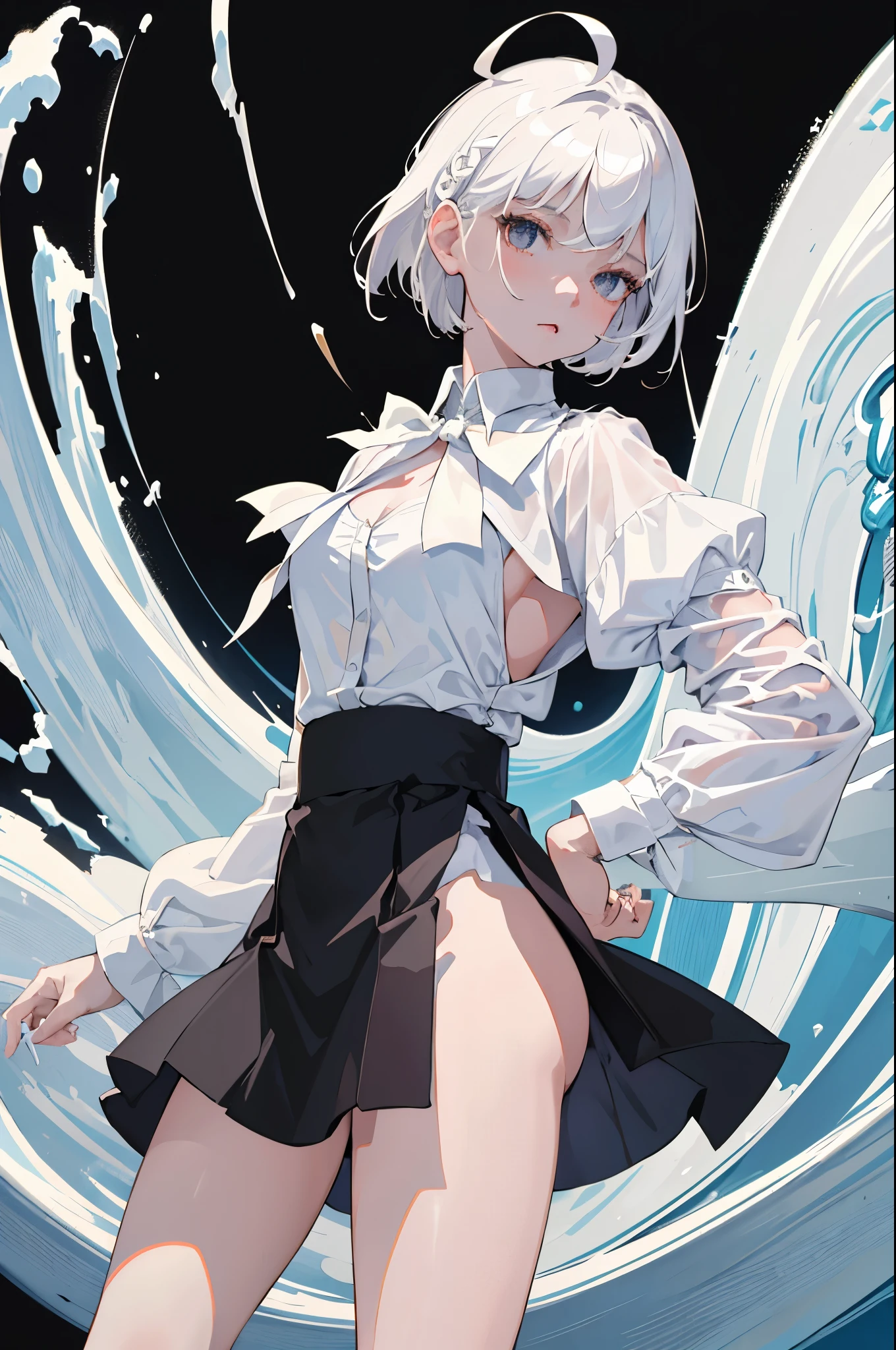 ((masterpiece, best quality)), (1girl), (solo), (female focus), (ahoge, white hair, short hair), black eyes, ((white shirt), (buttoned shirt)), ((black skirt), (short skirt)), standing, white background, arms behind back,