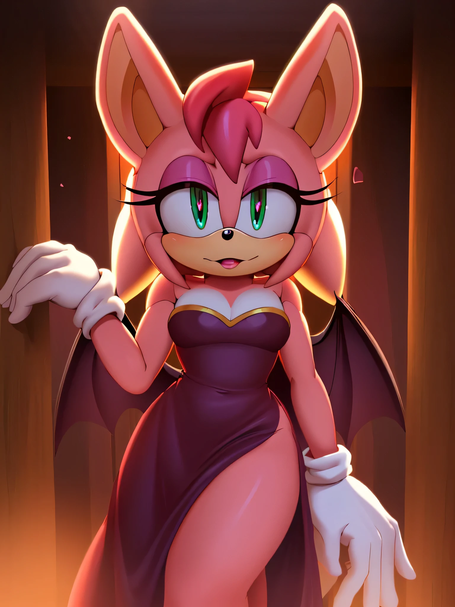 (a stunning) (masterpiece:1.2), (8k, high-resolution), (sonic:1.1), ((vanilla the rabbit fusion with amy rose and rouge the bat:1.1)), (seductive), (revealing) sexy dress, (boldly colored) eyeshadow, (long, fluttering) eyelashes, (intense) menacing look, (alluringly) sultry, (mysterious) dark room, (provocative) lighting, vibrant colors