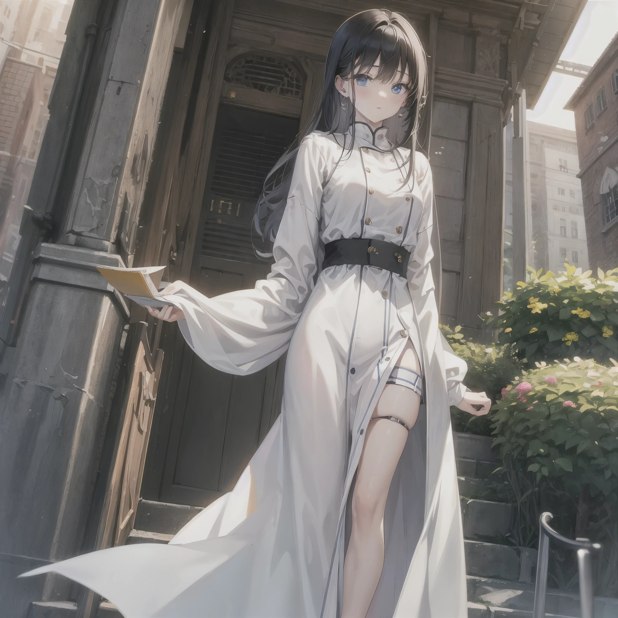Have long black hair,Cool and handsome face,Eyebrows drooped,With a little laziness。Wearing a white coat,Royal sister