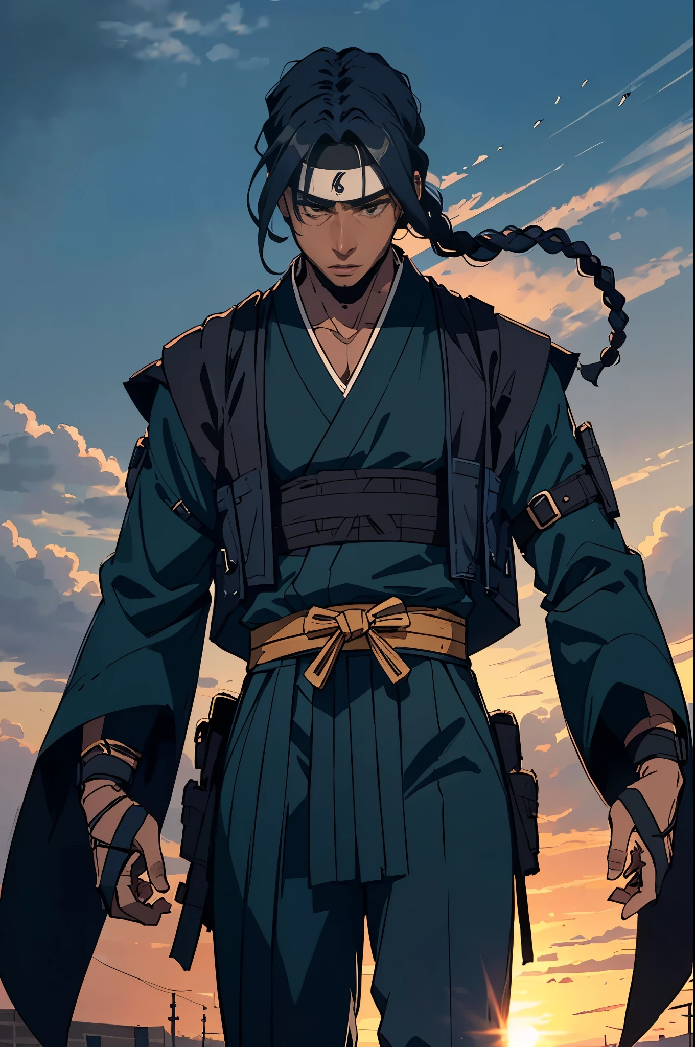 Photo of a handsome dark-skinned tall male Haitian Shinobi ninja with long braided freeform locs wearing (tactical "chunin vest" with kunai and shuriken bandolier) and flowing colorful hakama, wearing ("Hidden in the Mist Shinobi headband")!, wearing tall dark-wood geta, dense cannabis sativa Summer garden background during golden hour