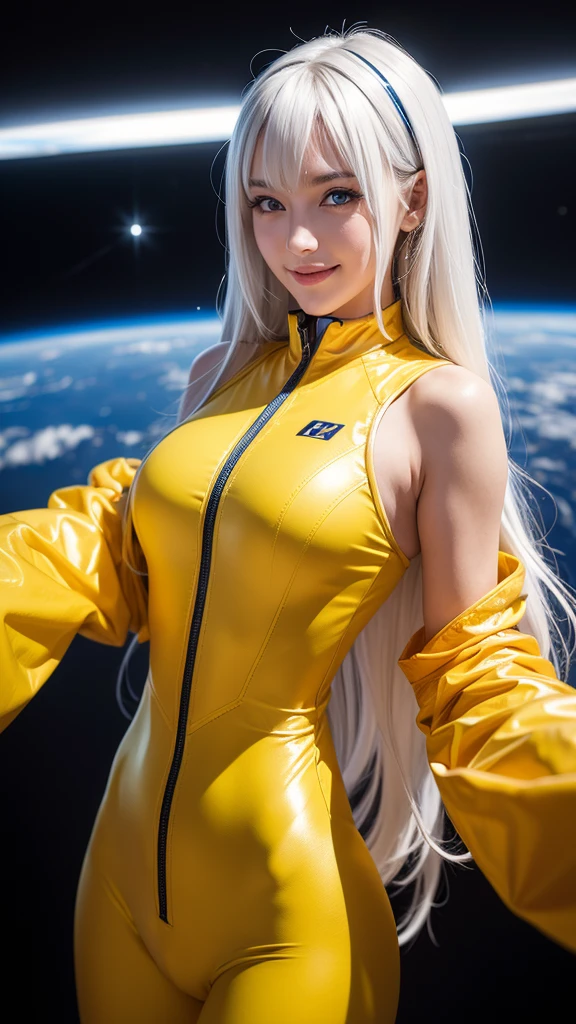 (masterpiece, best quality:1.2), solo, 1girl, smile, looking at viewer, arms behind back, long hair, white hair, blue eyes, yellow body suit outfits yamatosuit, black belt ,on space ship background 