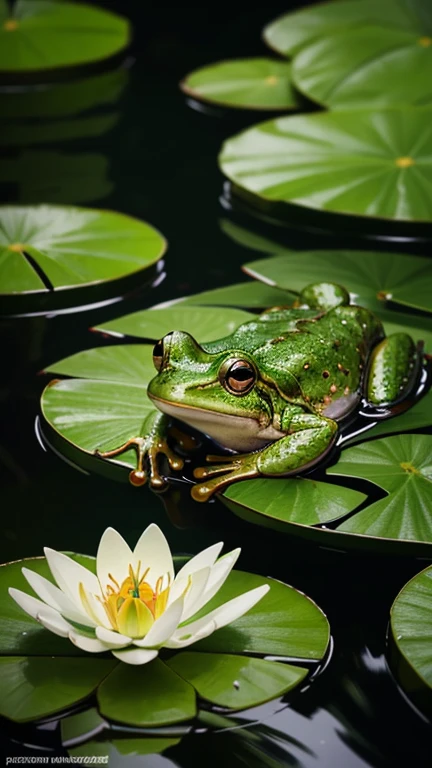 best quality,realistic,photorealistic:1.37,ultra-detailed,frog,beautiful detailed eyes,vivid colors,bokeh,portraits,studio lighting,lily pad,water reflection,nature,peaceful ambiance