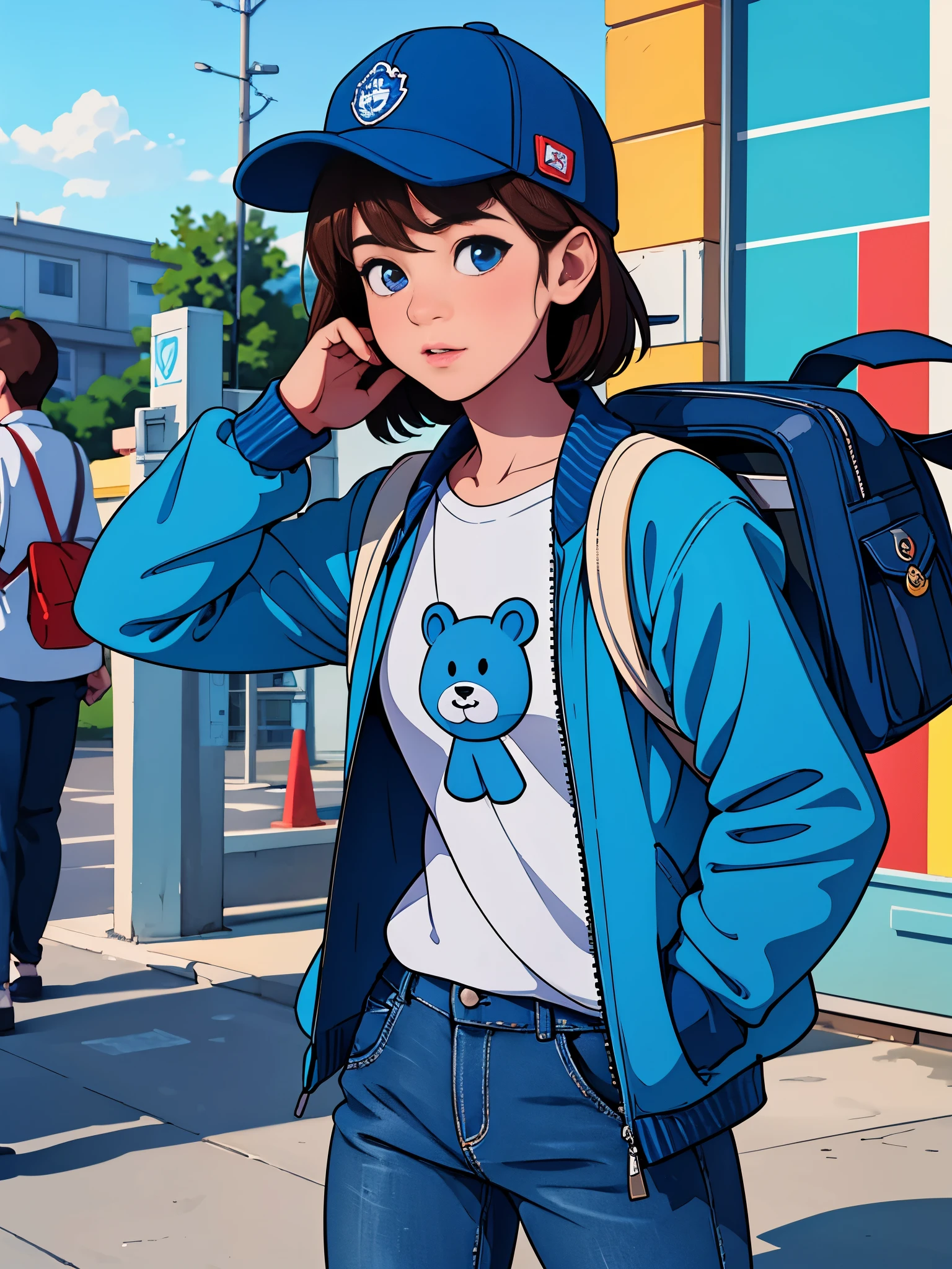 mascot, blue bear, with school uniform, going to school, cute, wearing a hat, wearing a jacket, cool, carrying a bag, (best quality, 4k, highres, photorealistic:1.2), ultra-detailed, professional, vivid colors, portraits, with a colorful background, soft lighting