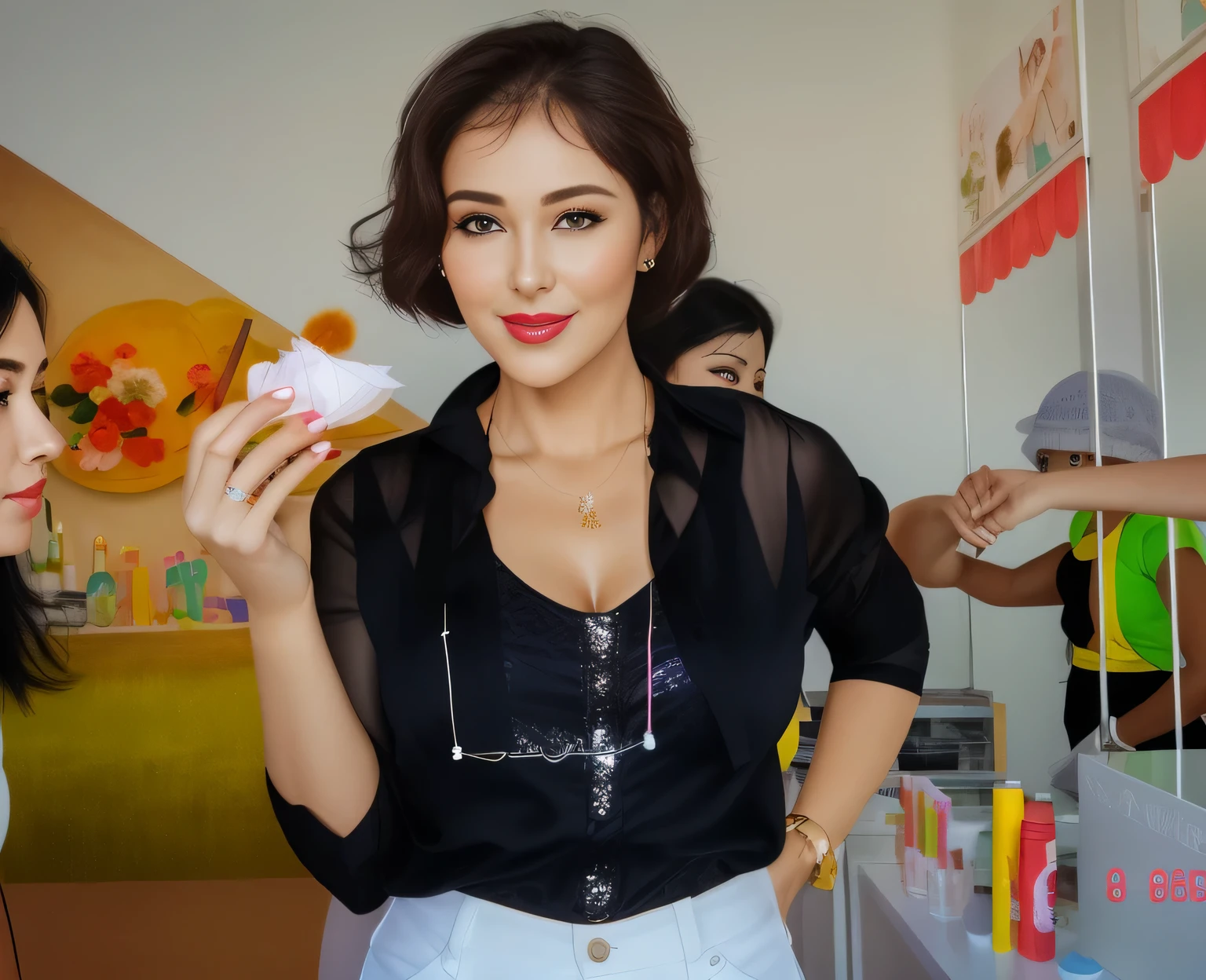 There's a woman holding a doughnut in her hand, Uma mulher com pele branca bronzeada e cabelos escuros. ela tem cerca de 35 anos. Your slightly plump lips are like a delicate flower, o marrom escuro dela, olhos grandes e encantadores parecem conter um mundo de maravilhas. Corpo fino. cintura fina. Your body exudes glamor and your face is the definition of beauty. teste, Altamente realista, pele avermelhada, Lindo, soft lips, batom cor de rosa, sorridente, feeling of lightness and joy, hiperrealismo, pele muito elaborada, olhar direto. foto de corpo inteiro, Limpar foto, alta qualidade, high resolution, obra de arte, 8k.