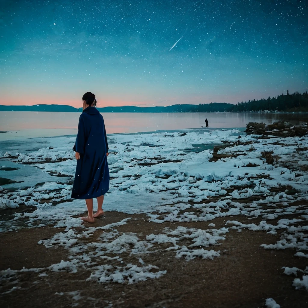 super fine illustration, best quality, deep night , winter full moon night, a girl standing on the shore of a lake. Walking barefoot, listening to the sound of waves.Thoughtful , Wistful , Winter scenery , natural lighting , Footprints left on the shore, but waves gradually bury them. Sand footprints fading into the lake's waves. Generate an image capturing the serene moment before sleep – the woman's tranquil stance, lingering footprints on the shore, the cold breeze, and the moonlight illuminating the lake. , Looking into the distance , bird’s eye view , Long shot , realistic illustration , photograph , photorealistic ,