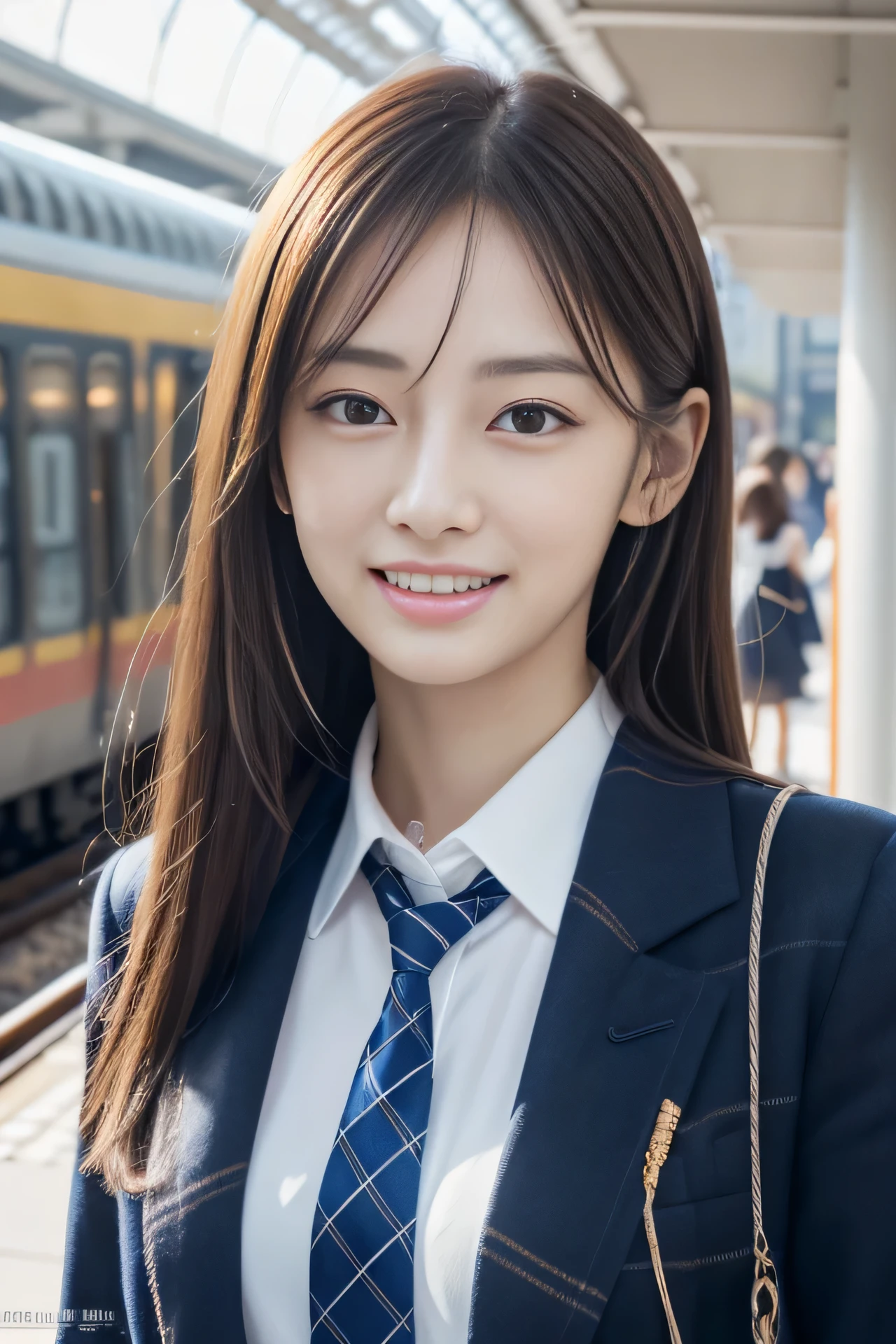 High resolution, RAW photo, realistic, very delicate and beautiful, very detailed, finely, very detailed CG unity 8K wallpaper, super detailed, (highest quality, 8K, 32K, masterpiece, UHD:1.2), Photo of Pretty Japanese model, JK uniform, Blue plaid pleated skirt, tie, Brown cardigan, beautiful and detailed face, Beautiful clear long eyes, delicate figure, expensive, skinny, medium straight hair, innocent smile, upper teeth, outdoor, Walk along the station platform, surreal, real anime girl,