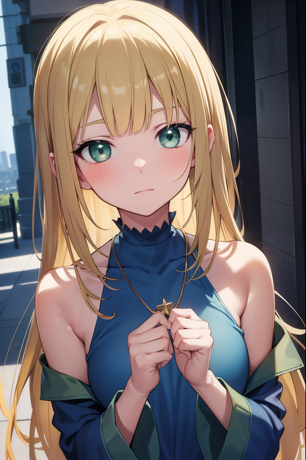Darkmagiciangirl, Dark Wizard Girl, blonde hair, necklace, (green eyes:1.5), long hair,
BREAK bare shoulders, blue shoes, blush, blush stickers, split, clavicle, duel monster, It has, Off the shoulder, Pentacle, wizard It has, (blue clothes:1.5),
BREAK looking at viewer,
BREAK outdoors, city,
BREAK (masterpiece:1.2), Best quality, a high resolution, Unity 8k Wallpaper, (illustration:0.8), (beautiful detailed eyes:1.6), very detailed face, perfect lighting, Extremely detailed computer graphics, (perfect hands, perfect anatomy),