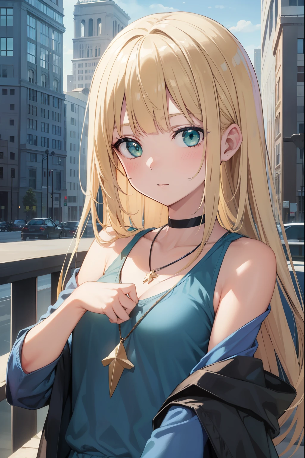 Darkmagiciangirl, Dark Wizard Girl, blonde hair, necklace, (green eyes:1.5), long hair,
BREAK bare shoulders, blue shoes, blush, blush stickers, split, clavicle, duel monster, It has, Off the shoulder, Pentacle, wizard It has, (blue clothes:1.5),
BREAK looking at viewer,
BREAK outdoors, city,
BREAK (masterpiece:1.2), Best quality, a high resolution, Unity 8k Wallpaper, (illustration:0.8), (beautiful detailed eyes:1.6), very detailed face, perfect lighting, Extremely detailed computer graphics, (perfect hands, perfect anatomy),