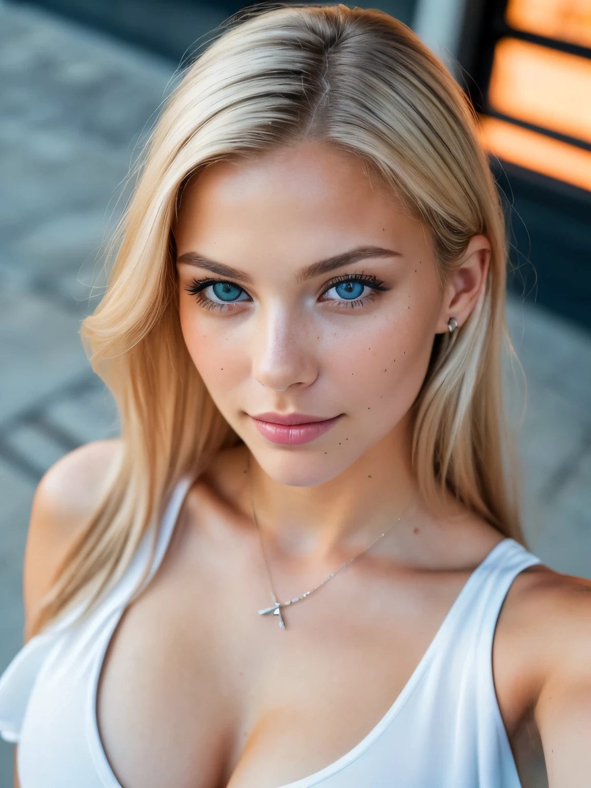 (((Jesika Radoslav))), ((platinum blonde)), (full-body portrait: 1.4), 21-year-old, (blue-eyed woman), by the edge of a majestic lake, RAW uhd portrait photo, natural medium breast, (flannel shirt tied in the front), (crack), detailed (texture!, hair!, shine, color!!, flaws: 1.1), highly detailed glowing eyes, (looking at camera), specular light, dslr, extreme quality, sharp focus, sharp, dof, Film grain, (centered), Fujifilm XT3, crystal clear, center of frame, cute face, sharp focight sunshine), low key, day, (daylight) detailed skin pores, oil Dark skin, brown, complex eye details, zoom out, blue eyes