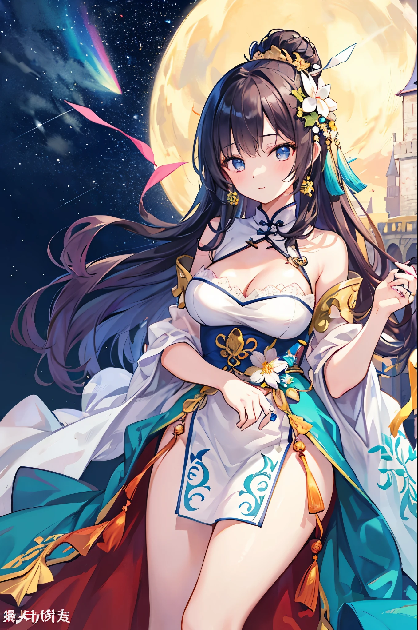 (masterpiece)、(highest quality)、((Super detailed))、(super delicate)、naughty chinese princess、Pastel colors hair、beautiful breasts、gorgeous castle、Fantastic starry sky、Rainbow Ring