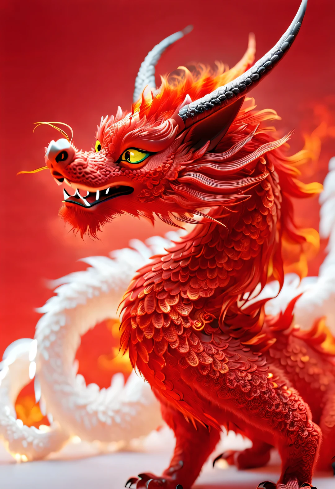 3d rendering, realistic fur, red wallpaper, Simple modern style, beautiful wallpaper, Super skinny naughty red and orange zodiac dragon baby dances playfully, frontal portrait, (With transparent dragon whiskers: 0.65), (looking at camera), Beijing, 🦑   design, Wearing a monogrammed embroidered hoodie "AI" printed on it: 1.37, Red embroidered auspicious cloud texture as background,