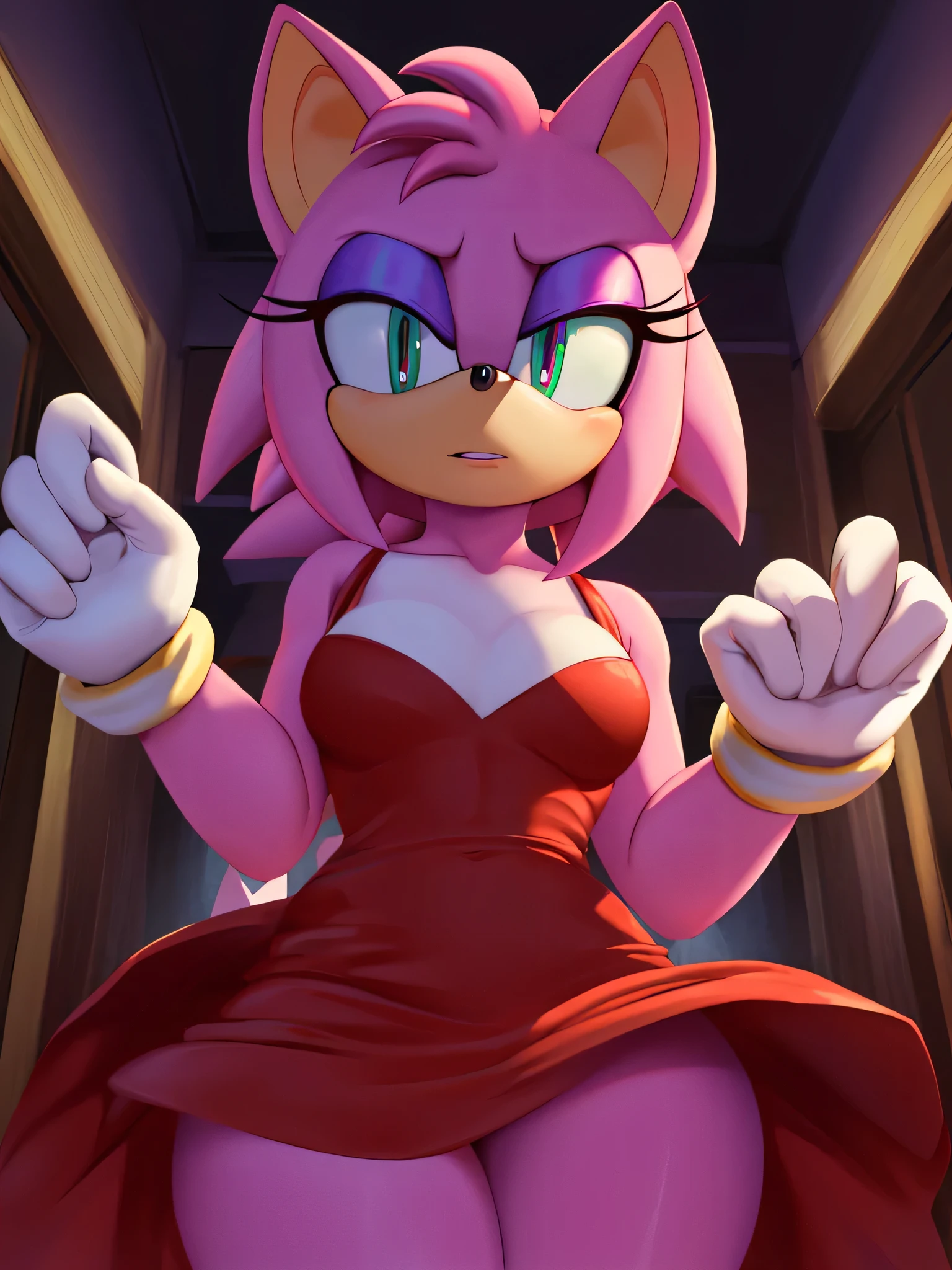 (a stunning) (masterpiece:1.2), (8k, high-resolution), (sonic:1.1), (blaze fusion with amy rose and rouge the bat:1.1)), (seductive), (revealing) sexy dress, (boldly colored) eyeshadow, (long, fluttering) eyelashes, (intense) menacing look, (alluringly) sultry, (mysterious) dark room, (provocative) lighting, vibrant colors