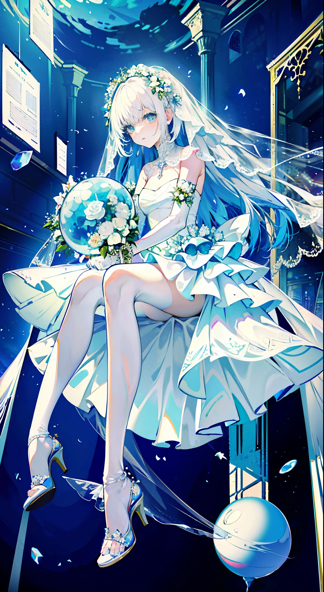 best quality, masterpiece, 1 girl,((hip-covering skirt))), 1 girl, alone, mystery, Bright colors, shining, Underwater transparent sealed hemispherical glass dome, (white hair), Upper body, Long hair is calm and natural,, (((white wedding dress,bride,White pointed toe heels))),sit cross-legged,Leaning against the bookshelf , 8k,