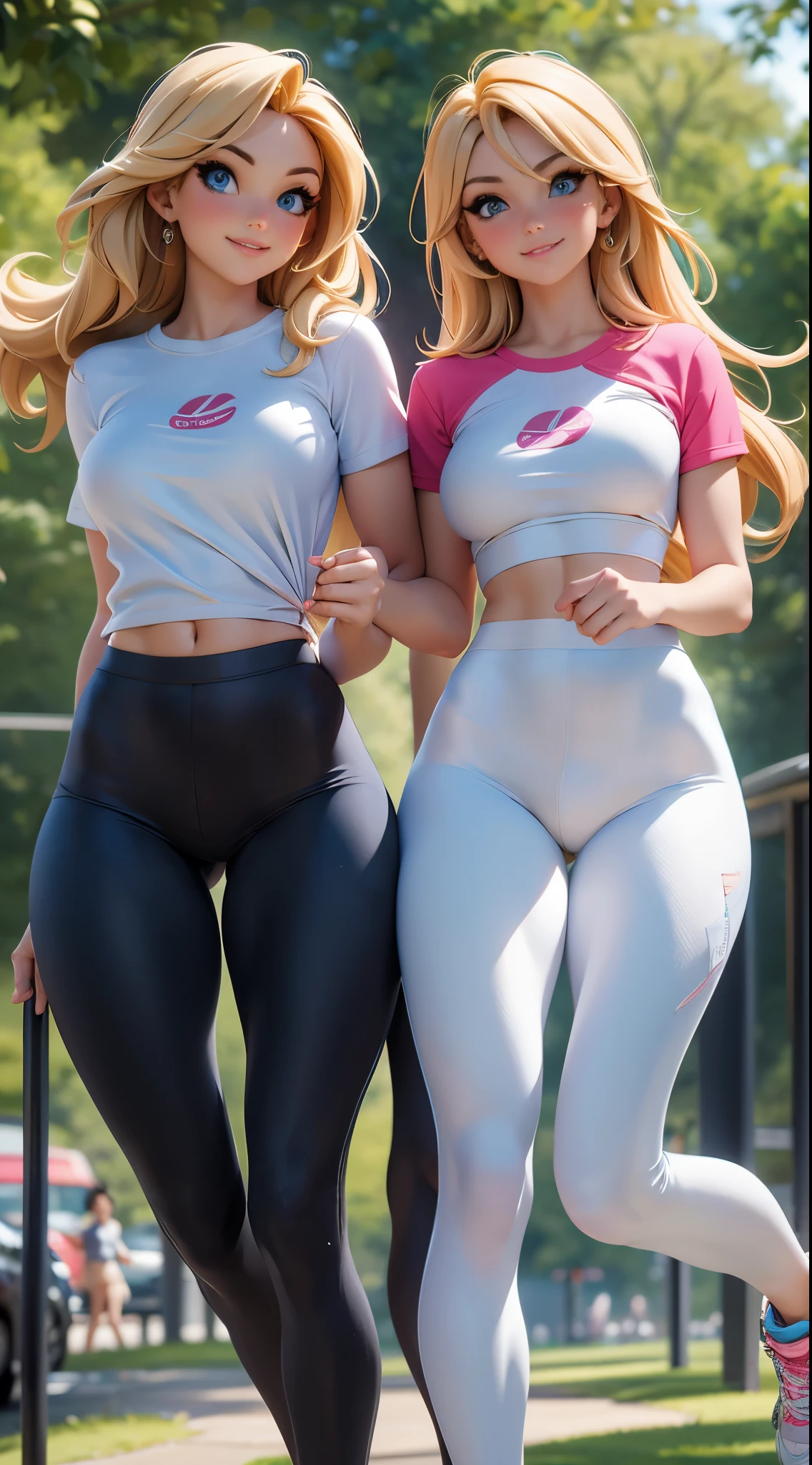 (best quality,4k,8k,highres,masterpiece:1.2),ultra-detailed,(realistic,photorealistic,photo-realistic:1.37),HDR,UHD,studio lighting,ultra-fine painting,sharp focus,physically-based rendering,extreme detail description,professional,vivid colors,bokeh,portraits

[Two women twins] in their early twenties, [thin and fit figures], are jogging in the park. They both have [blond hair] and [beautiful blue eyes] that sparkle in the sunlight. Their radiant smiles reveal [perfectly aligned white teeth]. As they run, their [long and toned legs] move gracefully, showcasing their determination and strength.

Both women wear [matching red and white blouses], which accentuate their youthful beauty. The fabric gently brushes against their skin with every step, adding a touch of elegance to their athletic appearance. Their outfits are completed with [comfortable sports pants] that allow them to move freely. Their [shoes] are specifically designed for running, providing support and cushioning to protect their feet.

The joggers follow a well-maintained [path], winding through the park, leading them towards their fitness goals. Many other people can be seen engaging in different activities, such as [families picnicking], [couples strolling hand in hand], and [children playing on the swings].

The artwork will be a [portrait] that portrays the beauty of these two identical twins. The emphasis will be on capturing their remarkable resemblance and the sense of harmony between them. The colors will be vibrant and lively, highlighting their youthful energy and zest for life. The lighting will be carefully composed, accentuating their features and bringing out the best in their appearance.

The final masterpiece will be a celebration of youth, health, and the special bond between siblings. It will serve as a reminder to cherish the moments of togetherness and the joy of pursuing a healthy lifestyle.