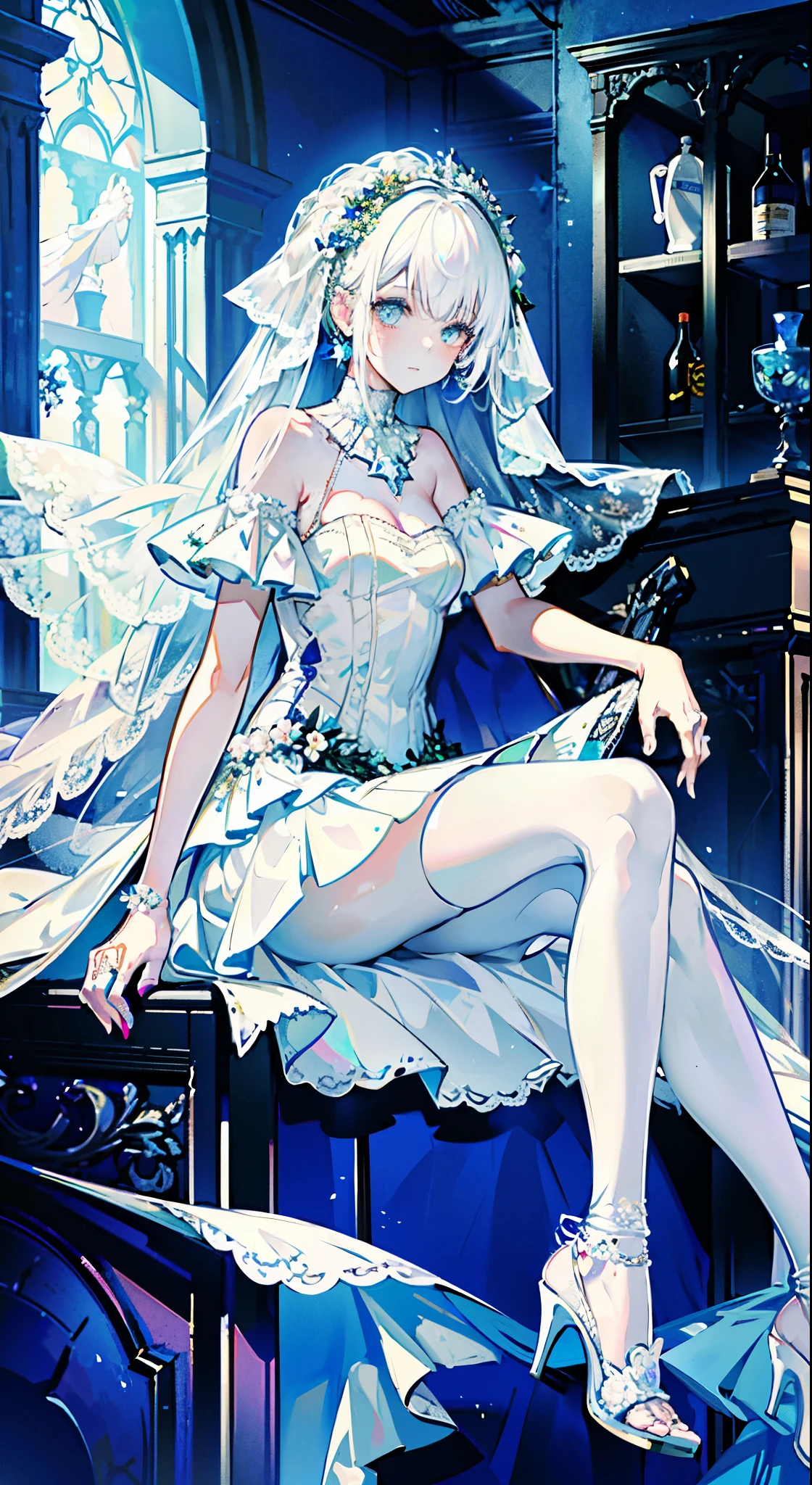 best quality, masterpiece, 1 girl,((hip-covering skirt))), 1 girl, alone, mystery, Bright colors, shining, Underwater transparent sealed hemispherical glass dome, (white hair), Upper body, Long hair is calm and natural,, (((white wedding dress,bride,White pointed toe heels))),sit cross-legged,Leaning against the bookshelf , 8k,