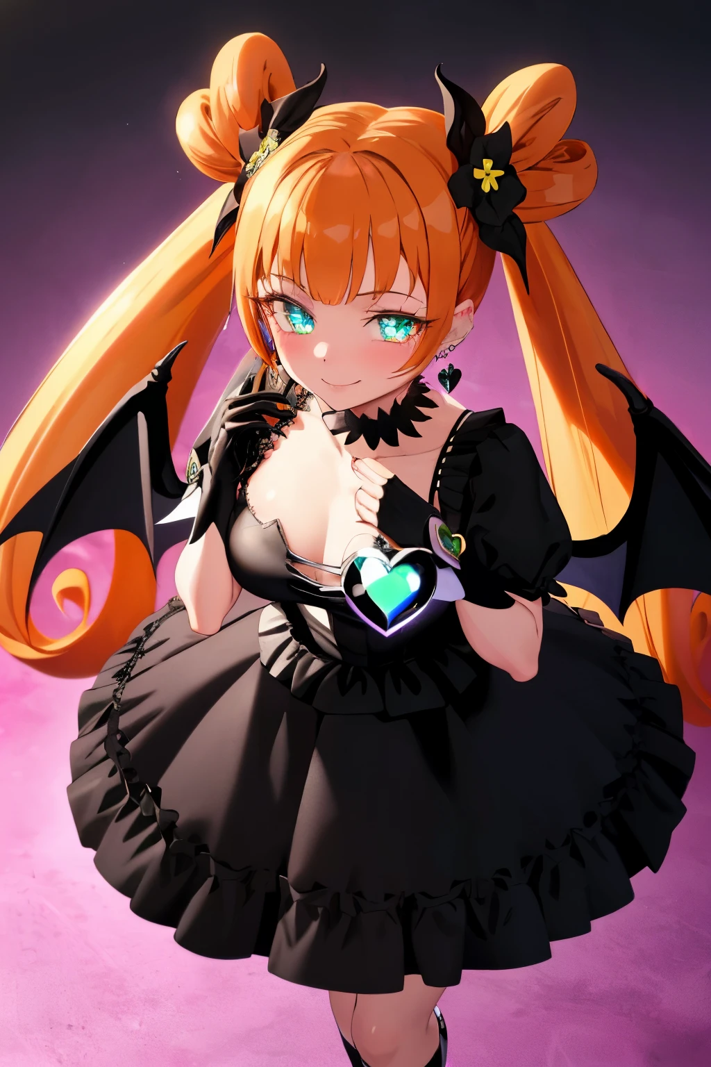 best quality, ultra detailed,1girl, solo, aaalice, yellow eyes, orange hair, long hair, twintails, double bun, hair ornament, hair flower, earrings, green choker, magical girl, heart brooch, dress, (black dress:1.2), black shorts, puffy short sleeves, black dress, wrist cuffs, waist bow, skirt, boots, knee boots, black skirt with frills, medium breast, black enamel boots, evil smile, (shiny fabric:1.5), full body shot, purple gem, seductive pose, blush, demon tail, (beautiful detailed eyes:1.6), extremely detailed face, perfect lighting, extremely detailed CG, (perfect hands, perfect anatomy), devil tail, red and black color scheme, shiny material, smirks, black ribbon, black satin gloves, bat wings ornament, black frills, jewelry, corruption, latex shine, black gothic cloak,