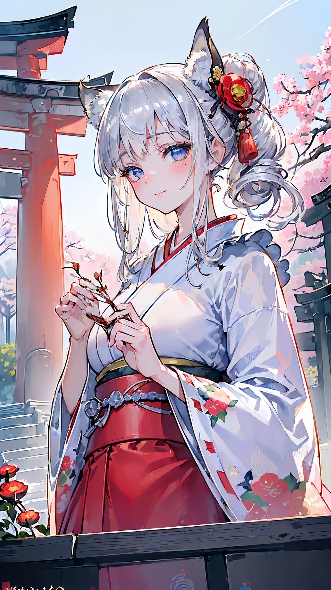 (((Masterpiece))), (((Highest quality))), ((Ultra-detailed)), ((Super fine illustration)), ((Ultra-fine painting)), (16K highest quality wallpaper:1.4), (Upper body:1.6), HDR, (Highly detailed and delicate illustration style:1.8), Detailed skin texture, Detailed cloth texture, Extreme detailed description, (T-masterpiece), (Highly detailed face:1.2), (Highly detailed silver fox ears:1.2), (Highly detailed shiny silver hair half updo:1.2), (Highly detailed clear eyes:1.2), Original, RAW photo, Professional, Intricate details, Super details, Direct light:1.6, (Perfect anatomy:1.4), (Highly detailed hands:1.2), (Highly detailed fingers:1.2), (Highly detailed fingertips:1.2), (-yeld), R, (Solo:1.8), ((A very beautiful and cute silver fox girl who is an idol and wears a bright red long-sleeved kimono with a floral pattern:1.4)) BRAKE (Beautiful and adorable silver fox ears:1.6), (Highly detailed and delicate silver fox ears:1.4), (Beautiful and well-shaped big breasts), (Beautiful and well-shaped buttocks), (Beautiful and shiny silver hair half updo:1.6), (Highly detailed and delicate silver hair half updo:1.2), (Beautiful clear blue eyes that shine with great detail:1.6), (Highly detailed and delicate blue eyes:1.2), (Highly detailed face:1.4), (Smile:1.3), (Blush:1.4), (Looking at viewer:1.4), (Celebration:1.4), Very detailed, beautiful and perfect hands:1.4, Very detailed, beautiful and perfect fingers:1.4, Very detailed, beautiful and perfect fingertips:1.4 BRAKE (Bright red long-sleeved kimono with floral pattern:1.4), (Japanese traditional costume:1.2) BRAKE (Concept art:1.2), (Detailed fantasy art:1.2) BRAKE (Just after noon:1.4), (Very detailed and beautiful Ise Grand Shrine in Mie Prefecture just after noon in the background:1.6), (Standing in front of the torii gate:1.4), (Celebration:1.4), Ise Grand Shrine:1.4, Torii gate of Ise Shrine:1.4, Very beautiful in the sunny sky background just after noon:1.4 BRAKE