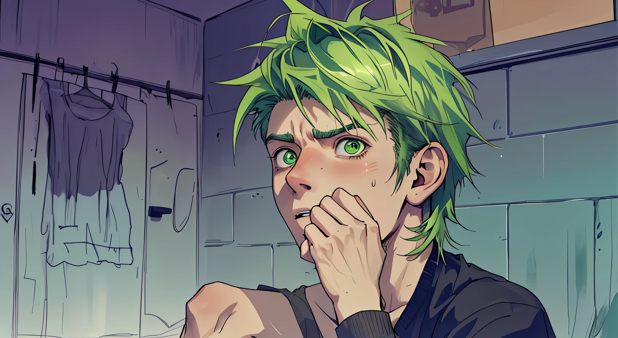 the sitting young man of 16 years old green hair is surprised and scared