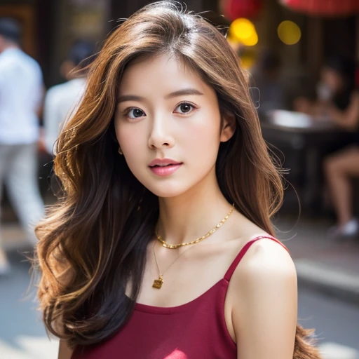 There is a cute asian girl, cheongsam, age22, Solo, oval face,long wavy hair, Looking at Viewer, Bare shoulders, Big Brown eyes, jewely, a necklace,  Realistic, walking in china town street