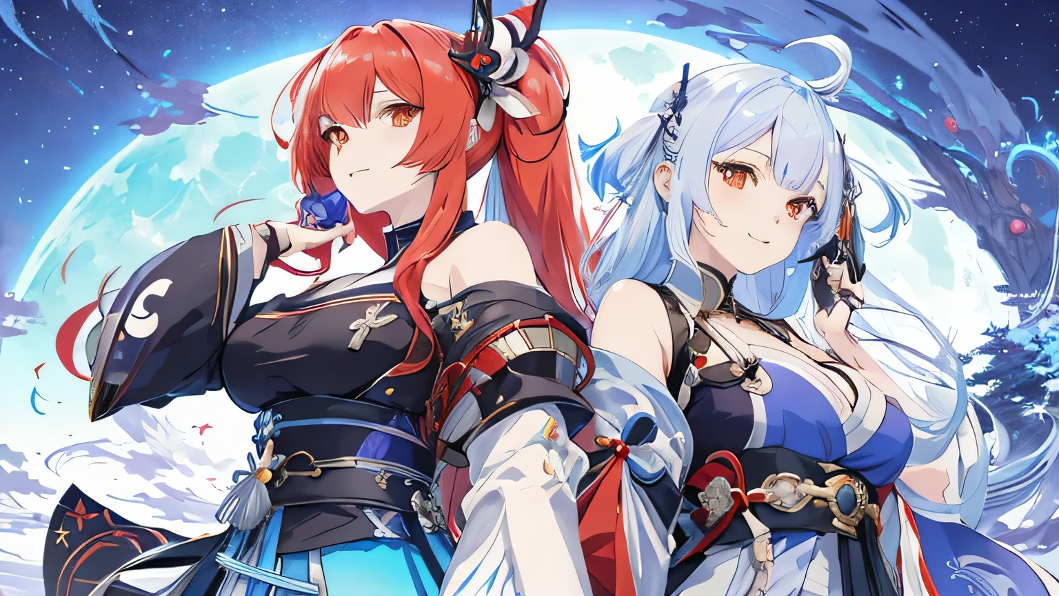 anime characters in front of a full moon with a full moon in the background, characters from azur lane, from the azur lane videogame, azur lane style, onmyoji, anime in fantasy style, anime goddess, visual novel cg, official artwork, isekai, 2. 5 d cgi anime fantasy artwork, popular isekai anime