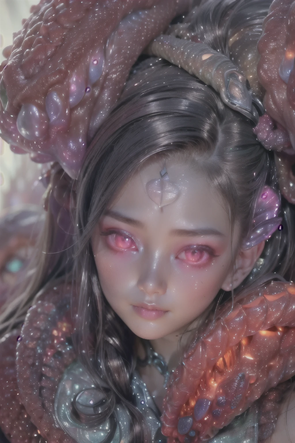 (1 beautiful and obscene female alien:1.4), (There is a female genital-like organ in the middle of her forehead:1.95), She has medusa-like hair, (there are lots of translucent tentacles from her head like her hair:1.5), (vulgarity1.7), (she is looking down at viewers with glowing red eyes with no pupils:1.6), (She has translucent pale skin:1.4),(She has the most beautiful face in the history of the universe:1.2), (She has multiple bioluminescent organs on the side of her tentacles:1.4), (Her body is covered with an iridescent exoskeleton:1.4), (She is showing her arm pits:1.6), an evil gaze that seduces, (looking down at viewers:1.4),(Vampire-like long canine teeth can be glimpsed through the gap between the cute lips:1.4) (bio luminescent:1.4), (Smile wickedly:1.3), (sexypose:1.4), alien, No humans, cells are fused, extraterrestrial, cell, bio image, ultra high resolution, (photos realistic:1.7), (Numerous award-winning masterpieces, with incredible detail, textures and maximum detail), Dramatic Lighting, cinematic quality, (exquisite details:1.2), High freshness, drawing faithfully, (Thick eyebrows:1.2), Beautiful eyes with fine symmetry,(Highly detailed face and eyes:1.2),(Super detailed skin quality feeling:1.4), perfect anatomy, (Beautiful toned body:1.5), (Moist skin:1.2), not wearing makeup, (dark circles:1.1), long canines, cinematic drawing of characters, cinematic quality, (exquisite details:1.2), high resolution, High freshness, drawing faithfully, official art, Unity 8K Wall paper, ultra detailed artistic photography, midnight aura, unreal engine 5, Ultra Sharp Focus, art by Amano Yoshitaka, ArtGerm, ultra realistic realism, dream-like, Creation of fantasy, dream Snail, (biopunk nautilus:1.3),Thrilling color schemes, seductively smiling, Amazing mutation, well-proportioned body, goddess of the deep sea, fractal, Geometric pattern, impossible figures, subtle emerald green accents, (expression of ecstasy:1.4), (beautiful small breast and nipples:1.2)