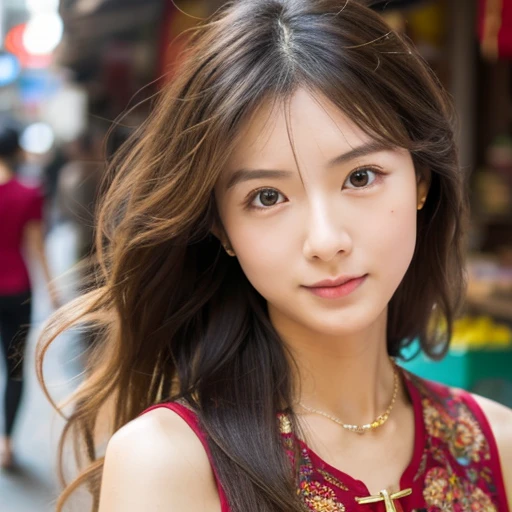 There is a cute asian girl, cheongsam, age22, Solo, oval face,long wavy hair, Looking at Viewer, Bare shoulders, Big Brown eyes, jewely, a necklace, Realistic, walking in china town street