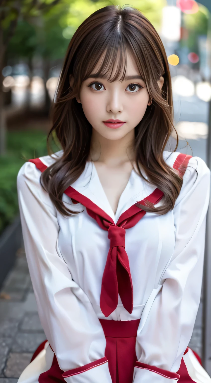 (masterpiece:1.3), (8K, Photoreal, RAW photo, best image quality: 1.4), Japanese, (1 girl), beautiful face, (lifelike face), beautiful hairstyle, realistic目, beautiful and fine eyes, (skin that looks real), beautiful skin, Charm, 超High resolution, 超realistic, high detail, golden ratio, (detail makeup:1.2), see the beholder,table top, highest quality, Super detailed, finely, High resolution, whole body composition、open leg pose、bold spread legs、beautiful and detailed eyes, fitness wear, natural color lip,Photoreal、realistic、alone、Photoreal、highest quality、highly detailed face、highly detailed eyes and face、beautiful and detailed eyes、absurd、incredibly absurd、hair is dirty、floating hair、brown hair、wavy hairstyle、middle hair、(Detailed CG、8K image wallpaper)、(very delicate and beautiful)、(masterpiece)、(highest quality:1.0)、(超High resolution:1.0)、beautiful lighting、perfect lightning、realistic shadow、[High resolution]、fine skin、Super detailed、detailed face and eyes、realistic eyes、sharp pupils、beautiful face、outdoor、downtown japan、in the crowd、blurred background、shiny skin、dull bangs、red eyes、(sailor suit 1.2)、Sailor suit has long sleeves、super high quality photos, 8K quality, outdoor, whole body composition, looking at camera, 20 year old Japanese woman, perfect beauty, Texture that shows pores, perfect face, Transparent bare skin, Transparent bare skin, Beautiful toned body, muscular, thin, small breasts, small breasts and firm butt、small ass、 bloomers (bloomers in Japan School, seamless design, 単色bloomers, bloomers are dark blue, tight fit、bloomers are elastic fabrics、bloomersの長さはへそからです３ｃｍBelow a degree, )spread your legs wide、、Expressionless、(face turned to the side、)