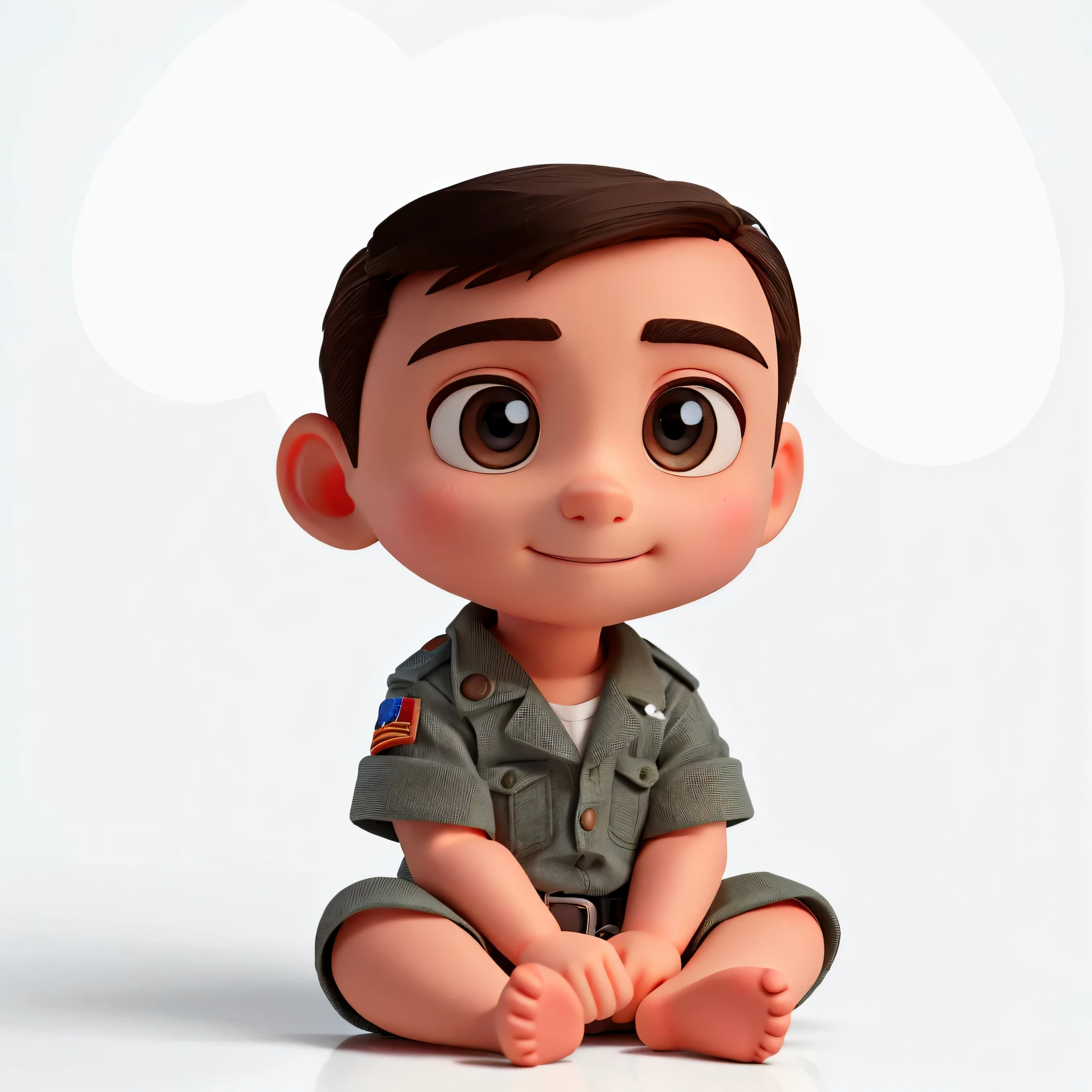 a close up of a small toy sitting on a white surface, scout boy, pixar portrait 8 k photo, cute pixar character, cute boy, arnold maya render, cute cartoon character, pixar cute character design, by Pixar, cute 3 d render, pouty look :: octane render, disney render, ideal pixar character, pixar doll deep focus, animated movie still, subtle smile, Brown eyes