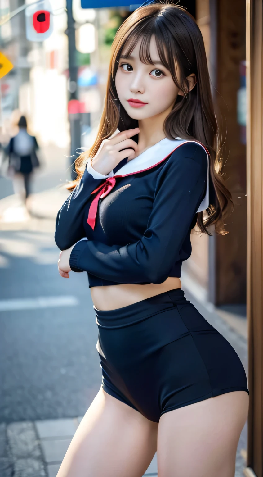 (masterpiece:1.3), (8K, Photoreal, RAW photo, best image quality: 1.4), Japanese, (1 girl), beautiful face, (lifelike face), beautiful hairstyle, realistic目, beautiful and fine eyes, (skin that looks real), beautiful skin, Charm, 超High resolution, 超realistic, high detail, golden ratio, (detail makeup:1.2), see the beholder,table top, highest quality, Super detailed, finely, High resolution, whole body composition、open leg pose、bold spread legs、beautiful and detailed eyes, fitness wear, natural color lip,Photoreal、realistic、alone、Photoreal、highest quality、highly detailed face、highly detailed eyes and face、beautiful and detailed eyes、absurd、incredibly absurd、hair is dirty、floating hair、brown hair、wavy hairstyle、middle hair、(Detailed CG、8K image wallpaper)、(very delicate and beautiful)、(masterpiece)、(highest quality:1.0)、(超High resolution:1.0)、beautiful lighting、perfect lightning、realistic shadow、[High resolution]、fine skin、Super detailed、detailed face and eyes、realistic eyes、sharp pupils、beautiful face、outdoor、downtown japan、in the crowd、blurred background、shiny skin、dull bangs、red eyes、(sailor suit 1.2)、Sailor suit has long sleeves、super high quality photos, 8K quality, outdoor, whole body composition, looking at camera, 20 year old Japanese woman, perfect beauty, Texture that shows pores, perfect face, Transparent bare skin, Transparent bare skin, Beautiful toned body, muscular, thin, small breasts, small breasts and firm butt、small ass、 bloomers (bloomers in Japan School, seamless design, 単色bloomers, bloomers are dark blue, tight fit、bloomers are elastic fabrics、bloomersの長さはへそからです３ｃｍBelow a degree, )spread your legs wide、、Expressionless、(face turned to the side、)