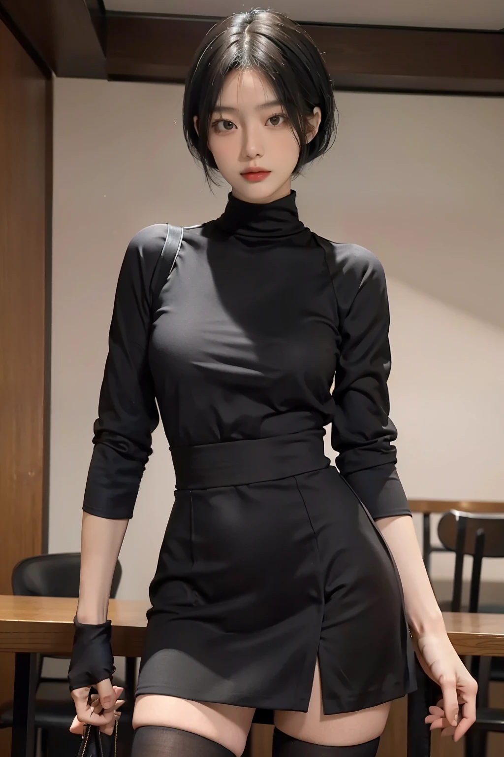 Masterpiece, top image quality, high resolution, solo presentation, 30-year-old oriental woman, standing, black short hair, well-proportioned figure, 160cm tall, wearing a miniskirt that accentuates her curves, paired with black stockings that add a touch of elegance, cool facial expression with striking features, minimally expressed emotions.