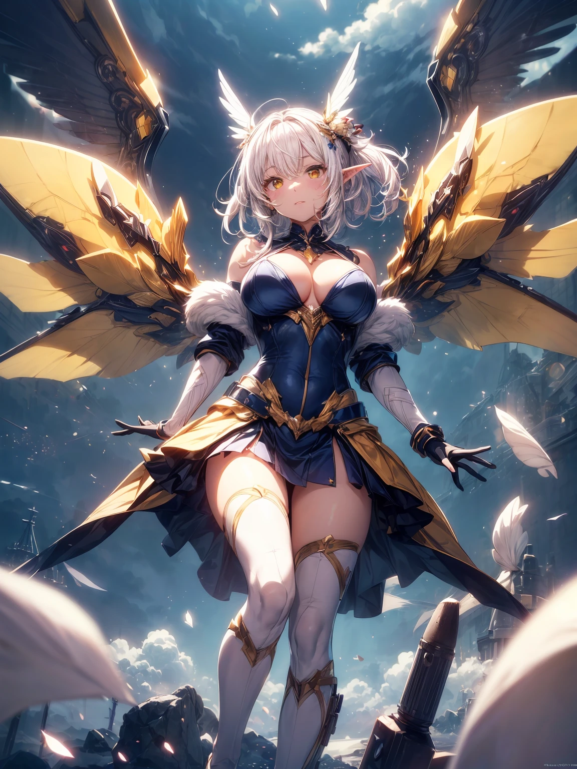 (masterpiece、highest quality, wonderful, very detailedティッカーユニティ、8k wallpaper, Depth of written boundary, Ultra-fine illustration:1.5)、。.。.3D, very detailed, (Full body Esbian、Mecha elf girl: 1.3), sci-fi battlefield, Hawken, smile, open your mouth、short ponytail hair, (bright yellow hair bright yellow eyes:1.2), sparkling eyes, cute顔, cute, big breasts, delicate hair, messy hair, (((Flying high in the sky))、blue sky, White cloud), shiny hair, shiny skin, (Symmetrical mechanical winetallic colored mechanical wings that are widely expanded to the left and right so that they protrude wonderfully from the screen, bite, white hair ornament), (particles of light, cinematic lighting: 1.3), (pale pink lips: 0.8), by Yusuke Murata.