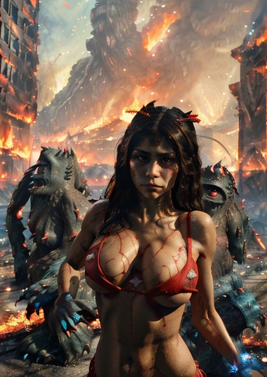 (((miak))), photograph of a sexy young woman, with a seductive breast, big breast, long and messy hair, extremely beautiful and attractive, dressed in daring red Bikini with torn straps, ((in front of a city devastated by the fire:1.5)), ((((stone monsters fighting in the background:1.5)))), (dark sky), full shot, real pose and attitude.