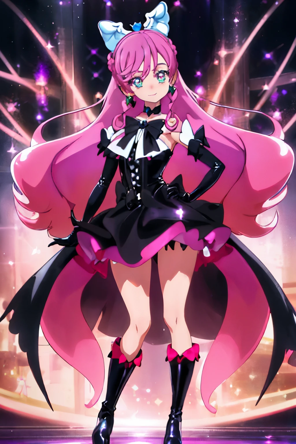 best quality, ultra detailed,1girl, solo, (cure_prism_hirogaruskyprecure:1.15), long_hair, green_eyes, pink_hair, bow, bangs, black bow, 1girl, braid, gloves, holding, looking at viewer, black gloves, earrings, black skirt with frills, medium breast, black enamel boots, evil smile, (shiny fabric:1.5), full body shot, purple gem, seductive pose, blush, demon tail, (beautiful detailed eyes:1.6), extremely detailed face, perfect lighting, extremely detailed CG, (perfect hands, perfect anatomy), red and black color scheme, shiny material, smirks, black ribbon, black satin gloves, bat wings ornament, black frills, jewelry, corruption, latex shine, black gothic cloak, velvet curtain in the background, black rose ornament, purple mesh