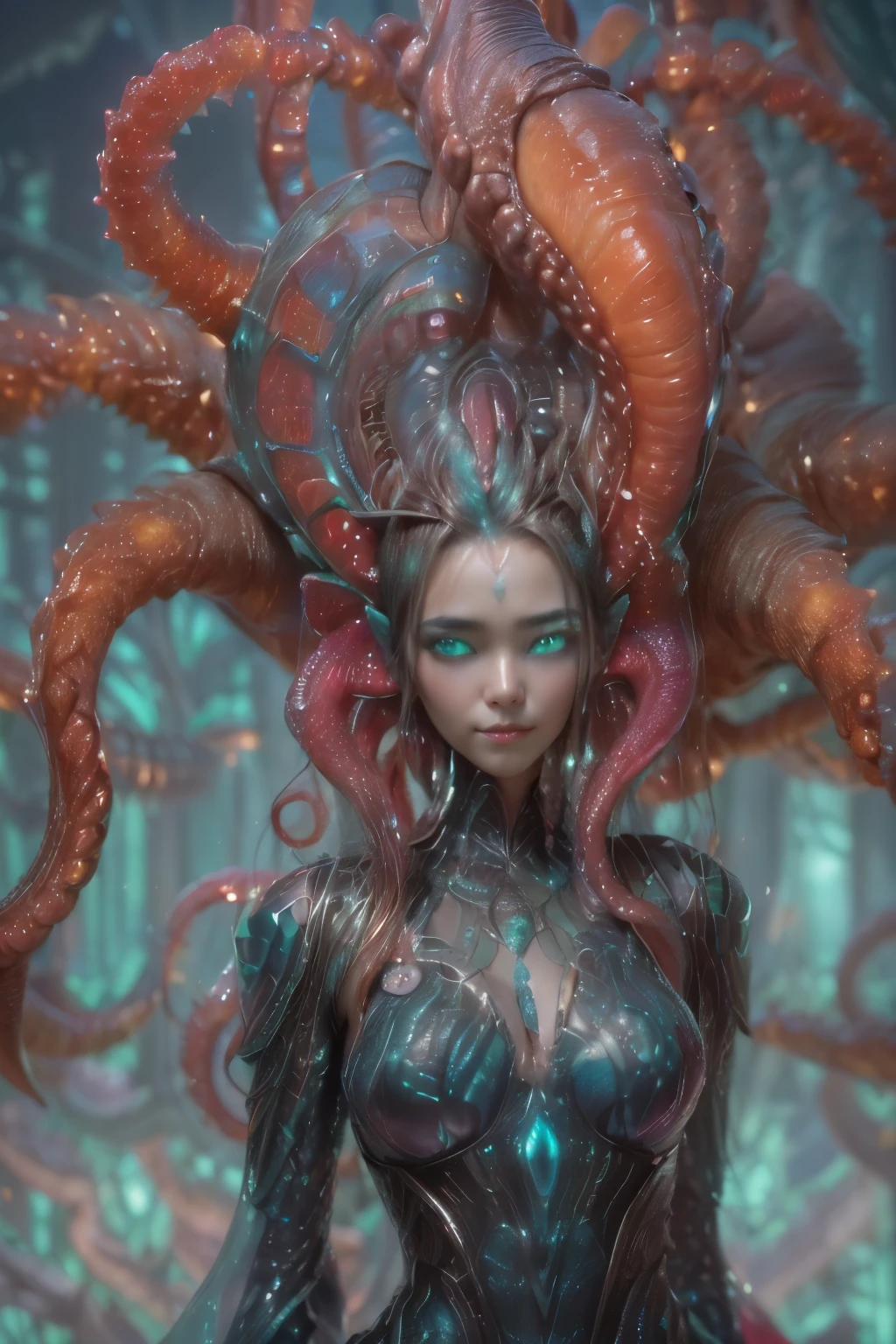 (1 beautiful and obscene female alien:1.4), (There is a female genital-like organ in the middle of her forehead:1.95), She has medusa-like hair, (there are lots of translucent tentacles from her head like her hair:1.5), (vulgarity1.7), (she is looking down at viewers with glowing red eyes with no pupils:1.6), (She has translucent pale skin:1.4),(She has the most beautiful face in the history of the universe:1.2), (She has multiple bioluminescent organs on the side of her tentacles:1.4), (Her body is covered with an iridescent exoskeleton:1.4), (She is showing her arm pits:1.6), an evil gaze that seduces, (looking down at viewers:1.4),(Vampire-like long canine teeth can be glimpsed through the gap between the cute lips:1.4) (bio luminescent:1.4), (Smile wickedly:1.3), (sexypose:1.4), alien, No humans, cells are fused, extraterrestrial, cell, bio image, ultra high resolution, (photos realistic:1.7), (Numerous award-winning masterpieces, with incredible detail, textures and maximum detail), Dramatic Lighting, cinematic quality, (exquisite details:1.2), High freshness, drawing faithfully, (Thick eyebrows:1.2), Beautiful eyes with fine symmetry,(Highly detailed face and eyes:1.2),(Super detailed skin quality feeling:1.4), perfect anatomy, (Beautiful toned body:1.5), (Moist skin:1.2), not wearing makeup, (dark circles:1.1), long canines, cinematic drawing of characters, cinematic quality, (exquisite details:1.2), high resolution, High freshness, drawing faithfully, official art, Unity 8K Wall paper, ultra detailed artistic photography, midnight aura, unreal engine 5, Ultra Sharp Focus, art by Amano Yoshitaka, ArtGerm, ultra realistic realism, dream-like, Creation of fantasy, dream Snail, (biopunk nautilus:1.3),Thrilling color schemes, seductively smiling, Amazing mutation, well-proportioned body, goddess of the deep sea, fractal, Geometric pattern, impossible figures, subtle emerald green accents, (expression of ecstasy:1.5)
