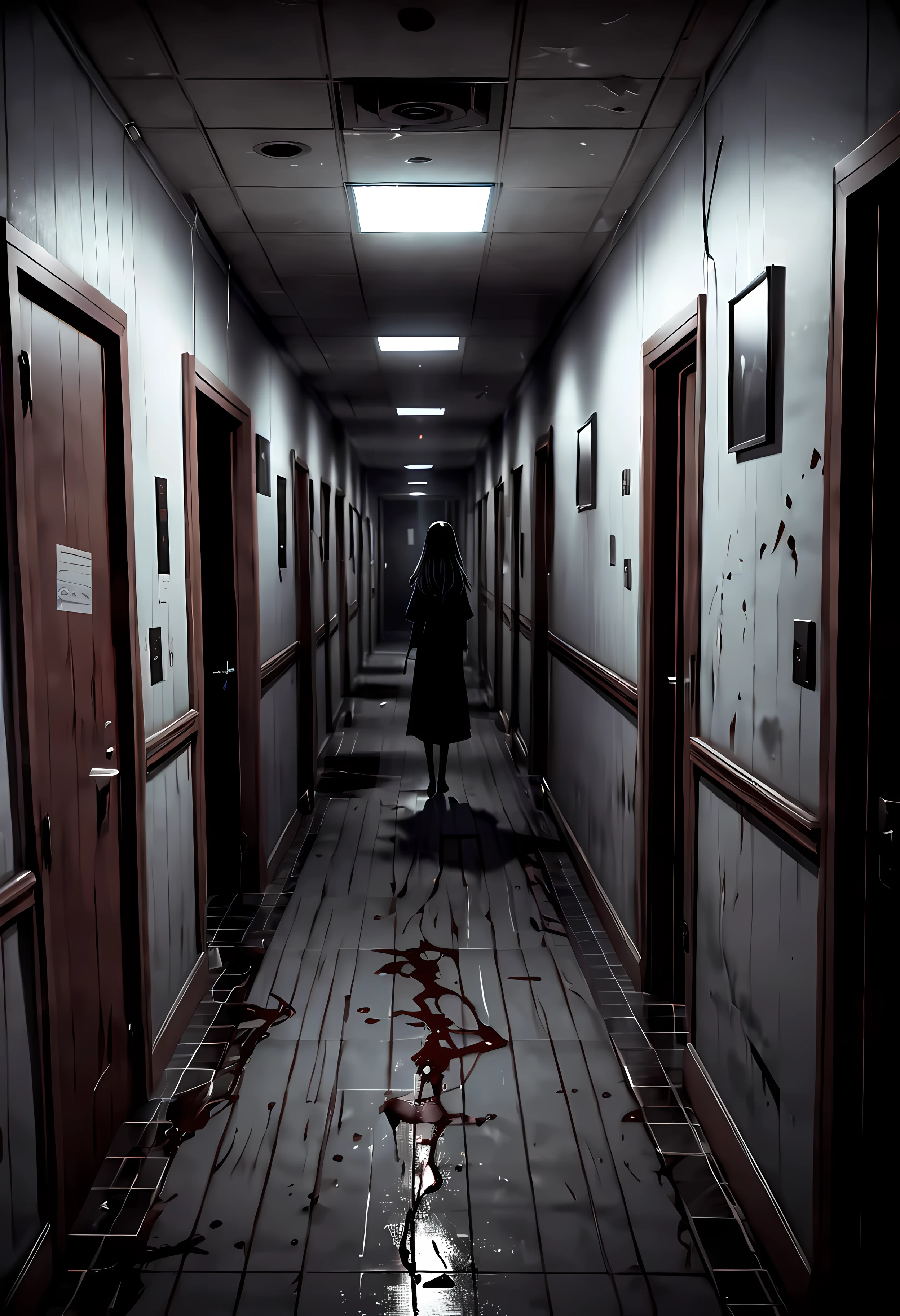 (best quality,4k,8k,highres,masterpiece:1.2),ultra-detailed,realistic:1.1,black and white,hatched lines,detailed linework in a Japanese line art style,creepy and eerie hospital corridor scene,jagged shadows,stark contrast between light and dark,gritty texture,ominous mood,distorted perspective,subtle hints of blood,horror manga-inspired characters with exaggerated features,creepy and expressive eyes,long, tangled hair,ominous aura surrounding the characters,spooky ambiance,subtle hints of paranormal activity,unsettling atmosphere,ghostly figures lurking in the shadows.