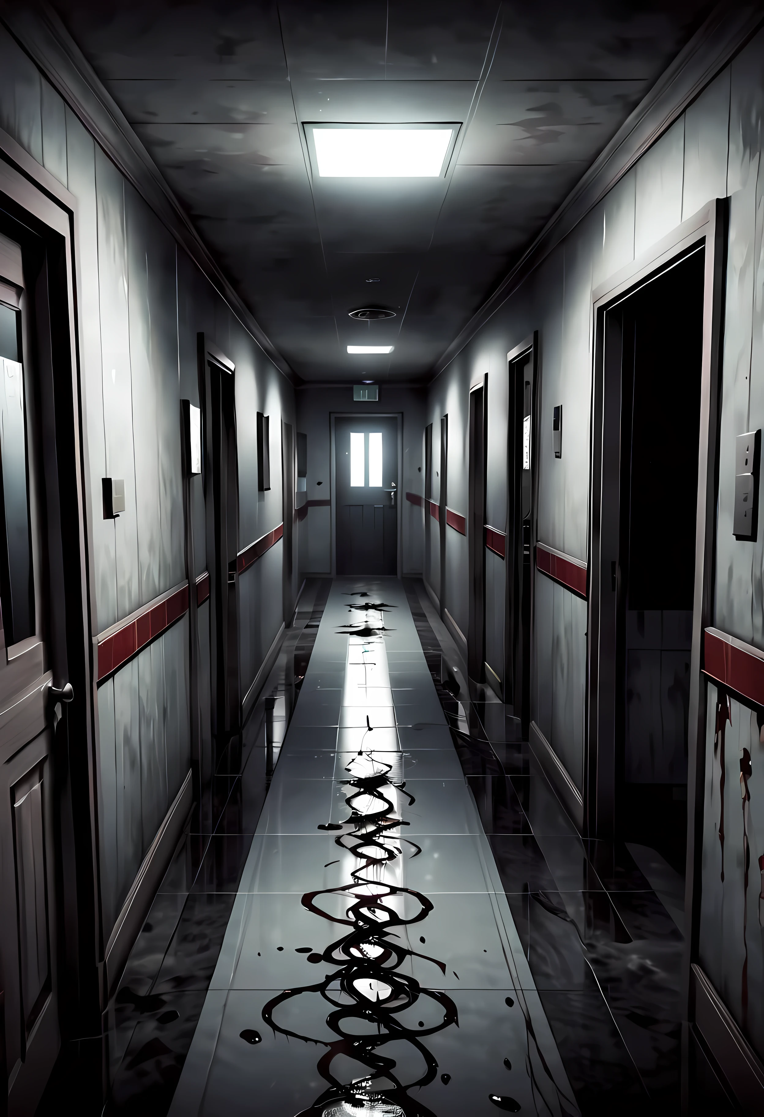 (best quality,4k,8k,highres,masterpiece:1.2),ultra-detailed,realistic:1.1,black and white,hatched lines,detailed linework in a Japanese line art style,creepy and eerie hospital corridor scene,jagged shadows,stark contrast between light and dark,gritty texture,ominous mood,distorted perspective,subtle hints of blood,horror manga-inspired characters with exaggerated features,creepy and expressive eyes,long, tangled hair,ominous aura surrounding the characters,spooky ambiance,subtle hints of paranormal activity,unsettling atmosphere,ghostly figures lurking in the shadows.