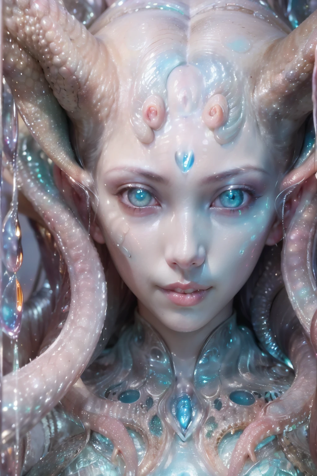 (A portrait of one beautiful and obscene female alien who is a young teenager:1.4), ((There is a female genital-like organ in the middle of her forehead:1.8)), (realistic face:1.2), (Numerous award-winning masterpieces, with incredible detail, textures and maximum detail), artistic photography, midnight aura, unreal engine 5, Ultra Sharp Focus, art by Amano Yoshitaka, ArtGerm, Roisch, intricate artwork, ultra realistic realism, high resolution, High freshness, drawing faithfully, official art, Unity 8K Wall paper, ultra detailed artistic photography, dream-like, Creation of fantasy, dream Snail, (biopunk nautilus:1.3),Thrilling color schemes, seductively smiling, Amazing mutation, well-proportioned body, goddess of the deep sea, fractal, Geometric pattern, impossible figures, (translucent white tentacles with luminescent organs:1.4), subtle emerald green accents, (smiling seductively:1.3),(She has the most beautiful face in the history of the universe:1.5), Penelope Cruz, (she is looking down at viewers with glowing iridescent eyes with no pupils:1.3), an evil gaze that seduces, cinematic lighting, (Vampire-like long canine teeth can be glimpsed through the gap between the cute lips:1.3), in the hall of the palace, Sweet breath is exhaling from beautiful lips, ecstatic expression