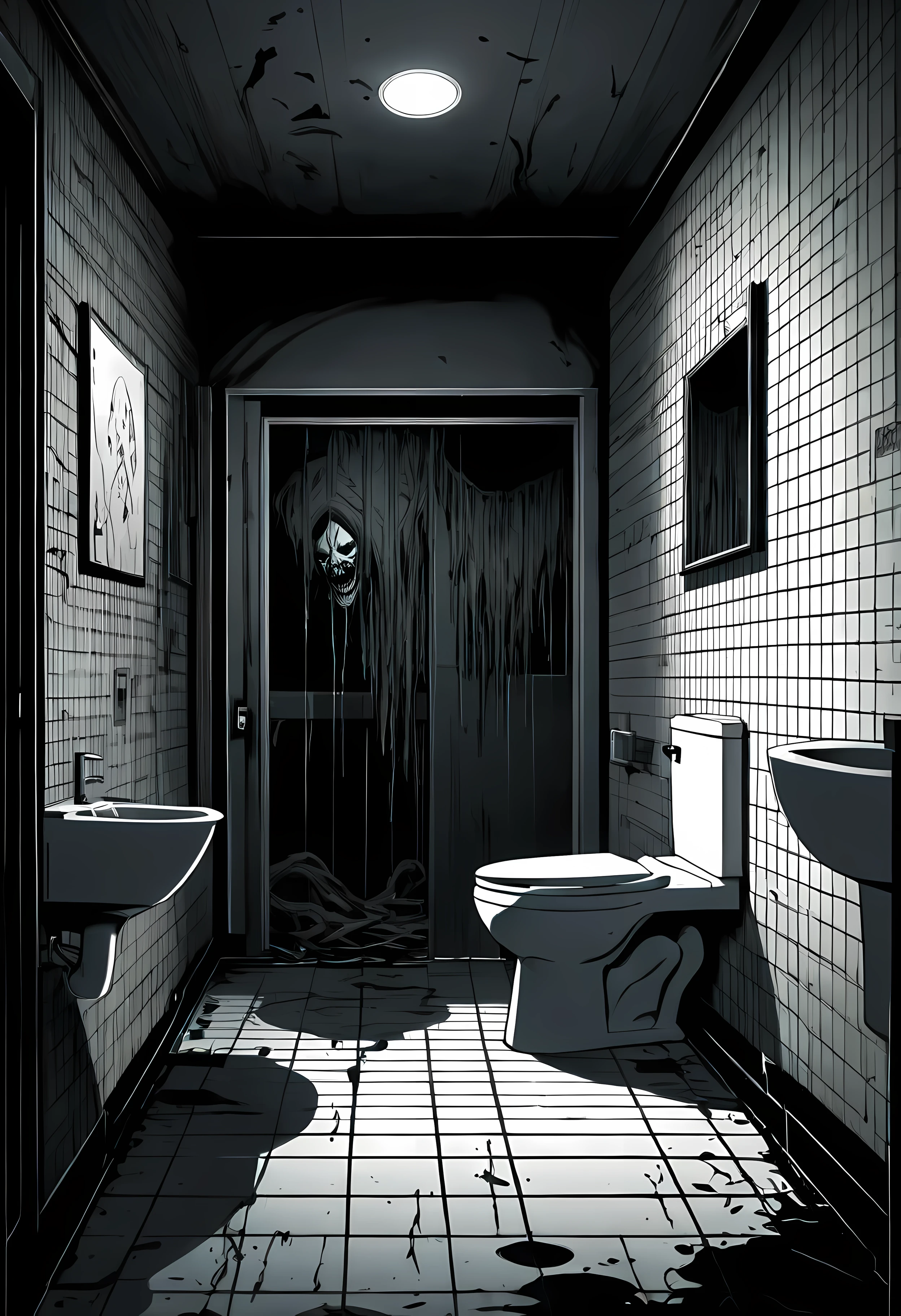 (best quality,4k,8k,highres,masterpiece:1.2),ultra-detailed,realistic:1.1,black and white,hatched lines,detailed linework in a Japanese line art style,creepy and eerie toilet room scene,jagged shadows,stark contrast between light and dark,gritty texture,ominous mood,distorted perspective,subtle hints of blood,horror manga-inspired ,ominous aura surrounding the room,spooky ambiance,subtle hints of paranormal activity,unsettling atmosphere,ghostly figures lurking in the shadows.