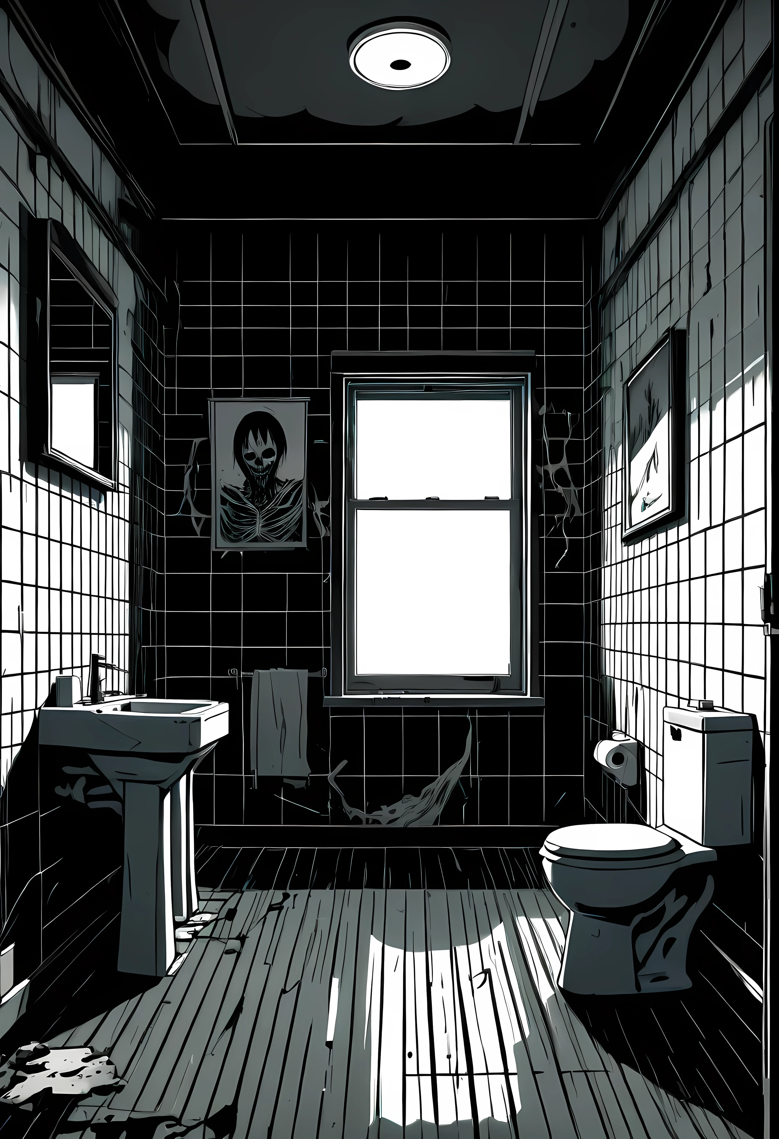 (best quality,4k,8k,highres,masterpiece:1.2),ultra-detailed,realistic:1.1,black and white,hatched lines,detailed linework in a Japanese line art style,creepy and eerie toilet room scene,jagged shadows,stark contrast between light and dark,gritty texture,ominous mood,distorted perspective,subtle hints of blood,horror manga-inspired ,ominous aura surrounding the room,spooky ambiance,subtle hints of paranormal activity,unsettling atmosphere,ghostly figures lurking in the shadows.