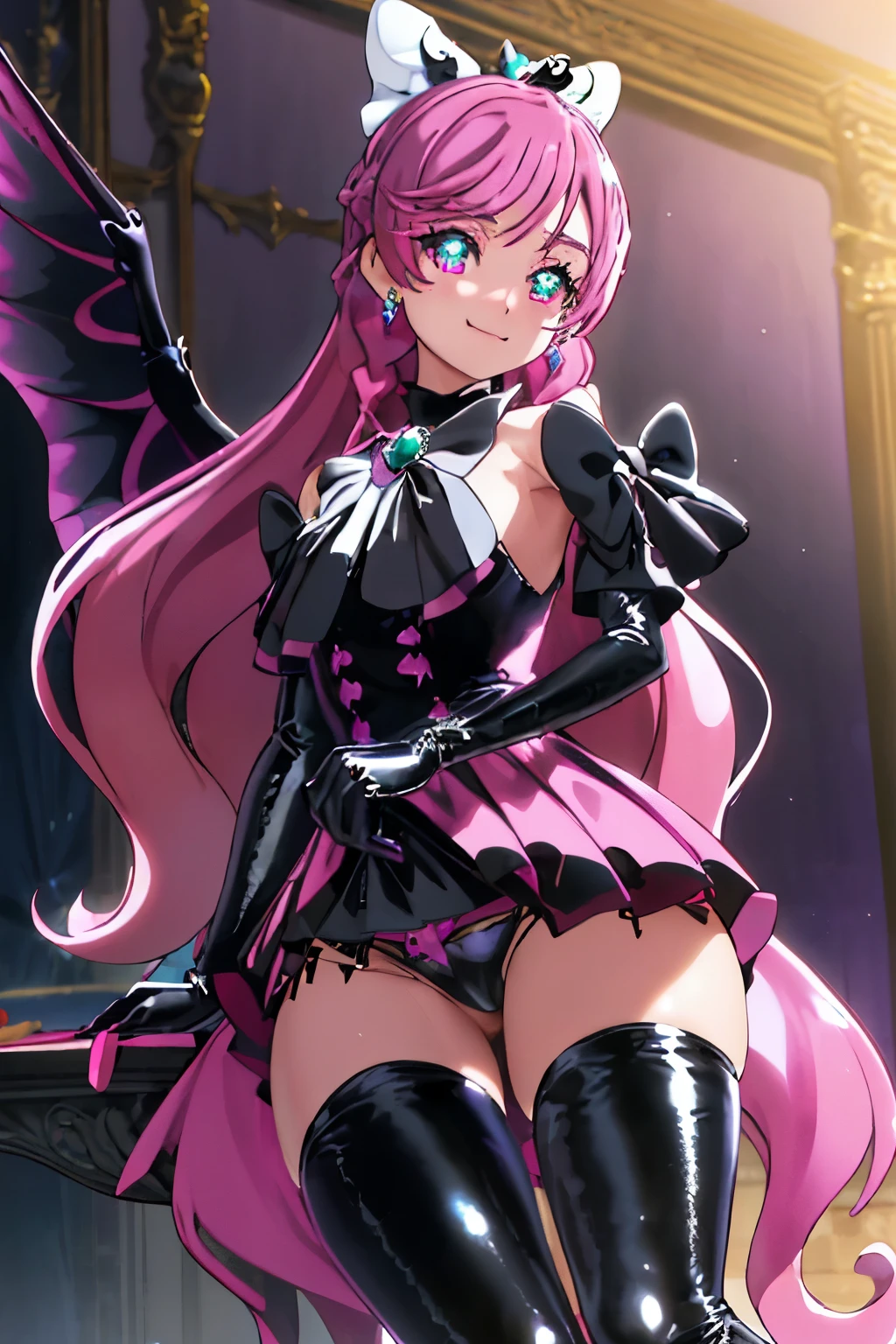 best quality, ultra detailed,1girl, solo, (cure_prism_hirogaruskyprecure:1.15), long hair, green eyes, pink hair, bow, bangs, black bow, 1girl, braid, gloves, holding, looking at viewer, black gloves, earrings, black skirt with frills, medium breast, black enamel boots, evil smile, (shiny fabric:1.5), full body shot, purple gem, seductive pose, blush, demon tail, (beautiful detailed eyes:1.6), extremely detailed face, perfect lighting, extremely detailed CG, (perfect hands, perfect anatomy), red and black color scheme, shiny material, smirks, black ribbon, black satin gloves, bat wings ornament, black frills, jewelry, corruption, latex shine, black gothic cloak, velvet curtain in the background, black rose ornament, purple mesh