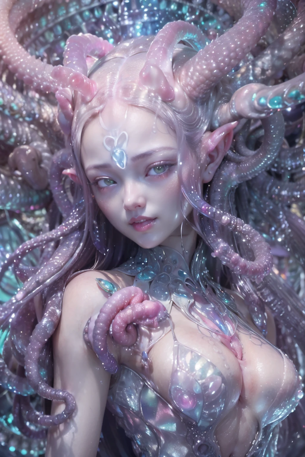 (A portrait of one beautiful and obscene female alien who is a young ager:1.4), ((There is a female genital-like organ in the middle of her forehead:1.8)), (realistic face:1.2), (Numerous award-winning masterpieces, with incredible detail, textures and maximum detail), artistic photography, midnight aura, unreal engine 5, Ultra Sharp Focus, art by Amano Yoshitaka, ArtGerm, Roisch, intricate artwork, ultra realistic realism, high resolution, High freshness, drawing faithfully, official art, Unity 8K Wall paper, ultra detailed artistic photography, dream-like, Creation of fantasy, dream Snail, (biopunk nautilus:1.3),Thrilling color schemes, seductively smiling, Amazing mutation, well-proportioned body, goddess of the deep sea, fractal, Geometric pattern, impossible figures, (translucent white tentacles with luminescent organs:1.4), subtle emerald green accents, (smiling seductively:1.3),(She has the most beautiful face in the history of the universe:1.5), Penelope Cruz, (she is looking down at viewers with glowing iridescent eyes with no pupils:1.3), an evil gaze that seduces, cinematic lighting, (Vampire-like long canine teeth can be glimpsed through the gap between the cute lips:1.3), in the hall of the palace, Sweet breath is exhaling from beautiful lips, ecstatic expression, (Climax expression during intercourse:1.5)