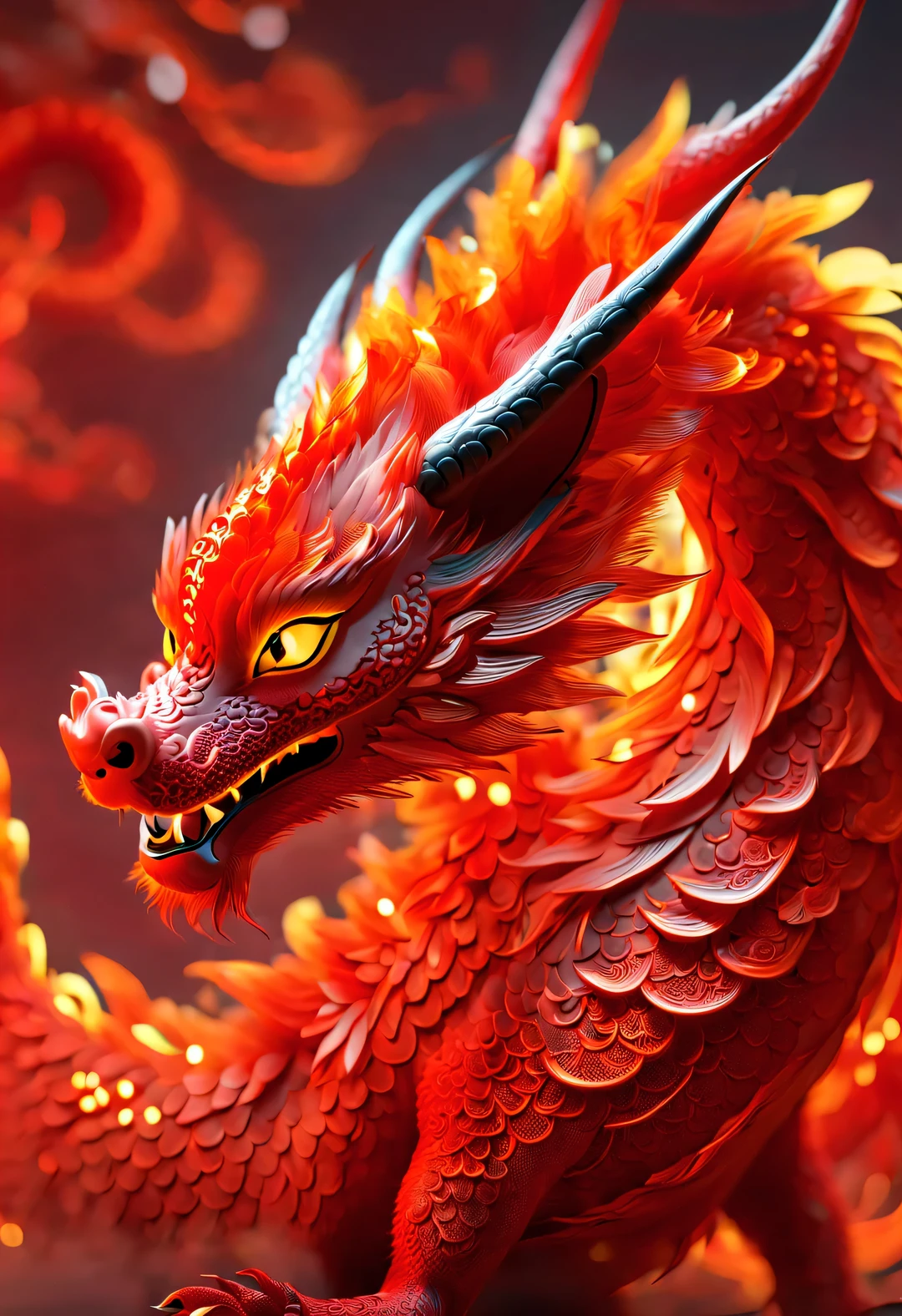 3d rendering, realistic fur, red wallpaper, Simple modern style, beautiful wallpaper, Super skinny naughty red and orange zodiac dragon baby dances playfully, frontal portrait, (There are several transparent dragon whiskers: 0.65), (looking at camera), Beijing, 🦑   design, Wearing a monogrammed embroidered hoodie "AI" printed on it: 1.37, Background with red embroidered auspicious cloud texture,