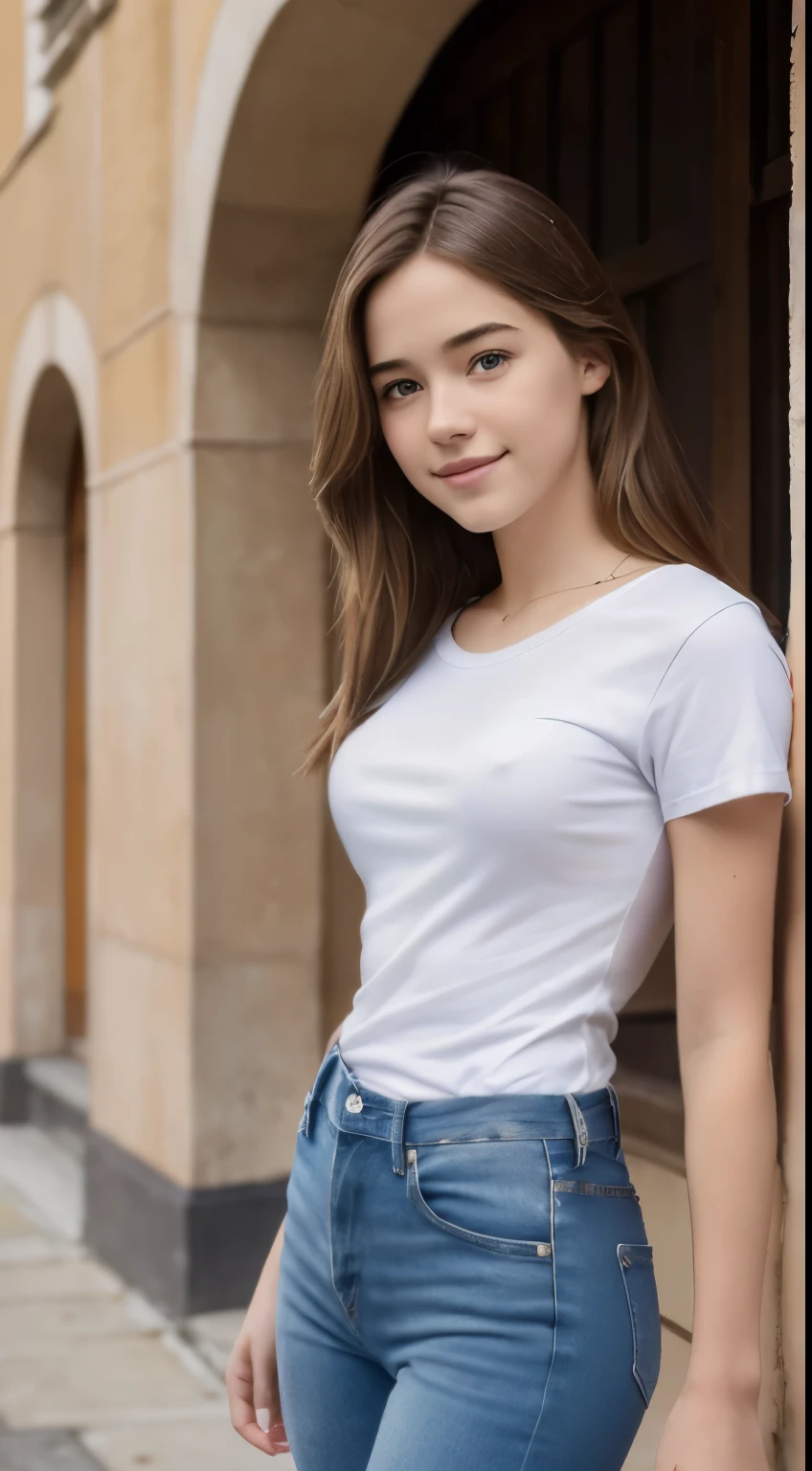 Foto hiperrealista en primer plano de Willa Fitzgerald, masterpiece, best quality, (photorealistic:1.4), full body, (white t-shirt:1.2), (blue jeans:1.1), collage campus, sunny day, cinematic light, beautiful woman, skinny, small breasts, straight brown hair, detailed face, smile, photo taken from a distance, age 20 tears old