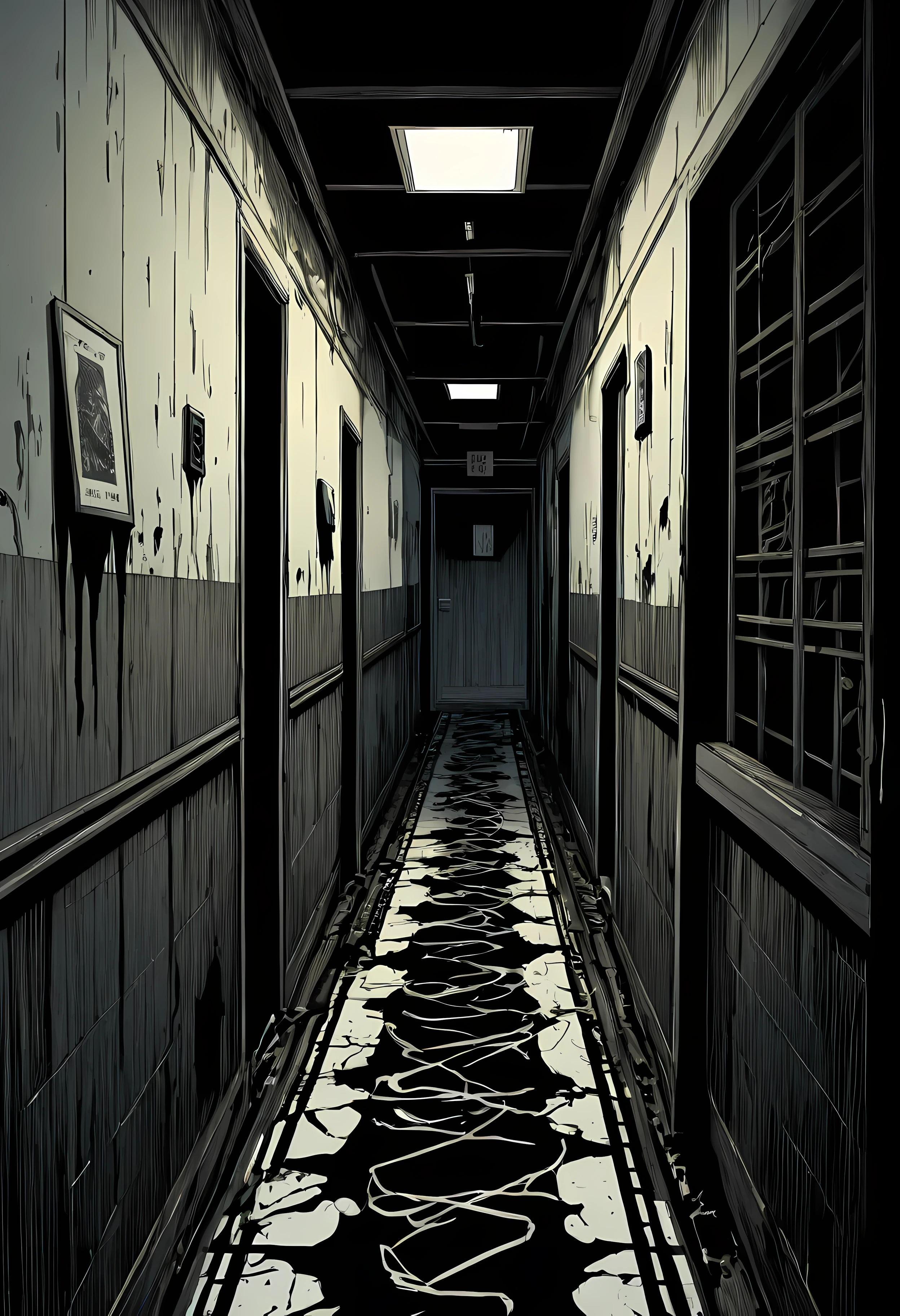 (best quality,4k,8k,highres,masterpiece:1.2),ultra-detailed,realistic:1.1,black and white,hatched lines,detailed linework in a Japanese line art style,creepy and eerie hospital corridor scene,jagged shadows,stark contrast between light and dark,gritty texture,ominous mood,distorted perspective,subtle hints of blood,horror manga-inspired characters with exaggerated features,creepy and expressive eyes,long, tangled hair,ominous aura surrounding the characters,spooky ambiance,subtle hints of paranormal activity,unsettling atmosphere,ghostly figures lurking in the shadows.