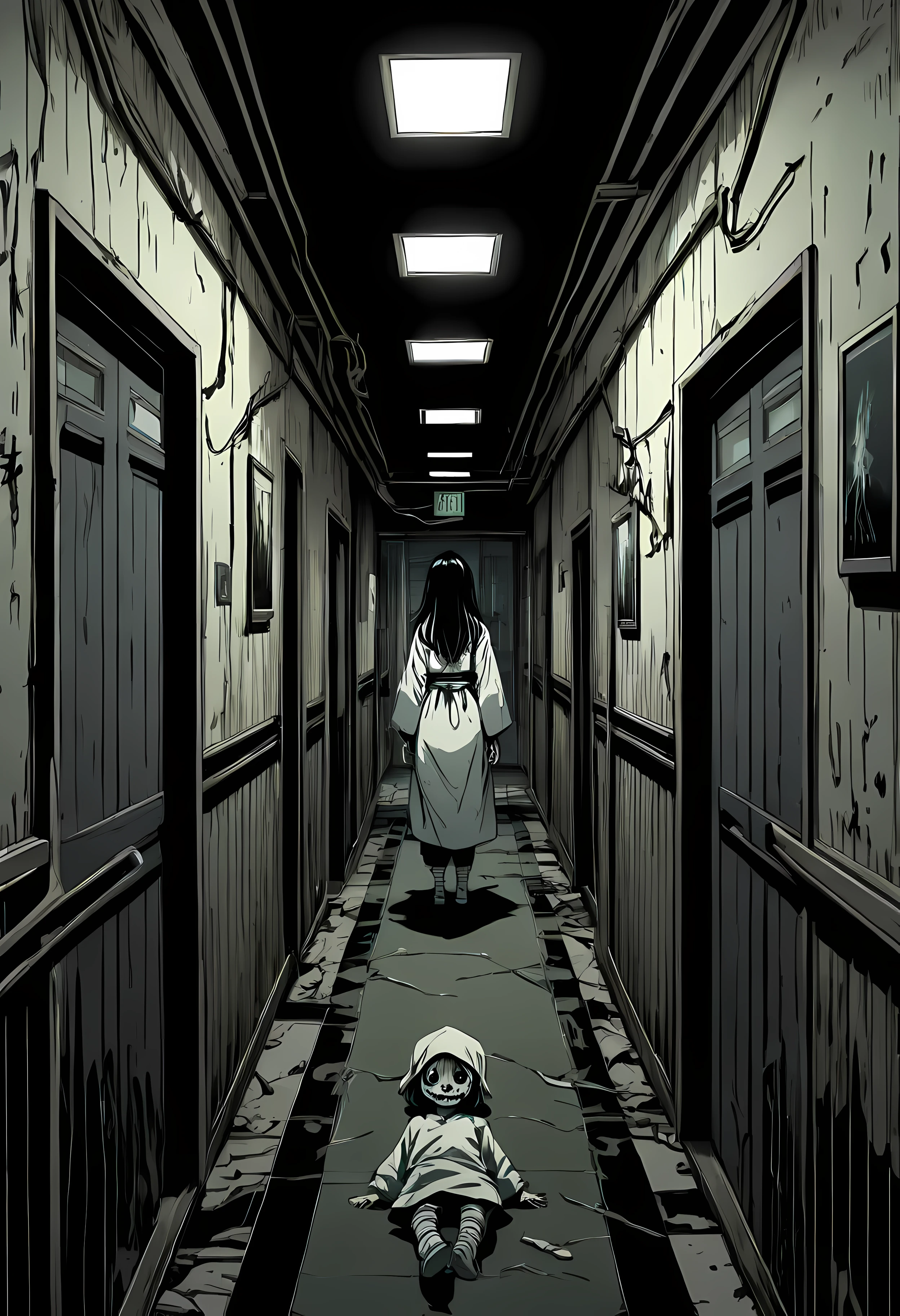 (best quality,4k,8k,highres,masterpiece:1.2),ultra-detailed,realistic:1.1,black and white,hatched lines,detailed linework in a Japanese line art style,creepy and eerie hospital corridor scene,jagged shadows,stark contrast between light and dark,gritty texture,ominous mood,distorted perspective,subtle hints of blood,horror manga-inspired characters with exaggerated features,creepy and expressive eyes,long, tangled hair,ominous aura surrounding the characters,spooky ambiance,subtle hints of paranormal activity,unsettling atmosphere,ghostly figures lurking in the shadows.